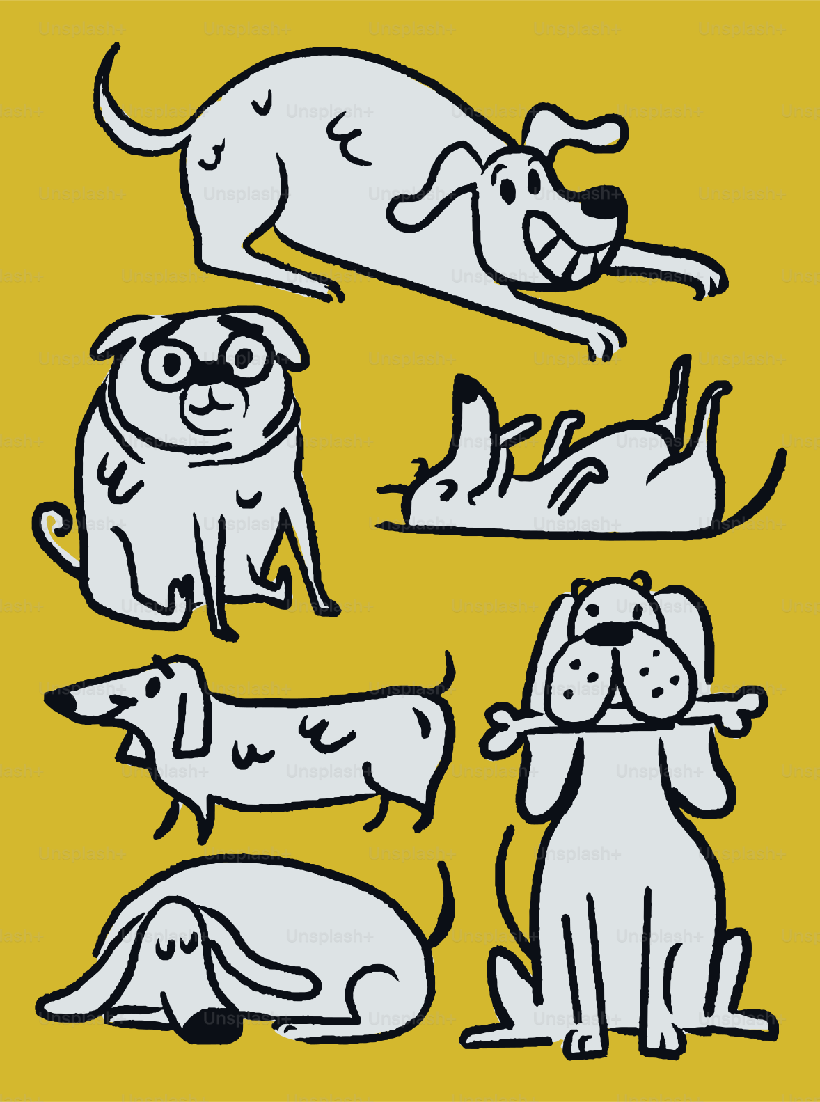 Un Disegno Di Cani Con Diverse Espressioni Su Sfondo Giallo Vettoriale