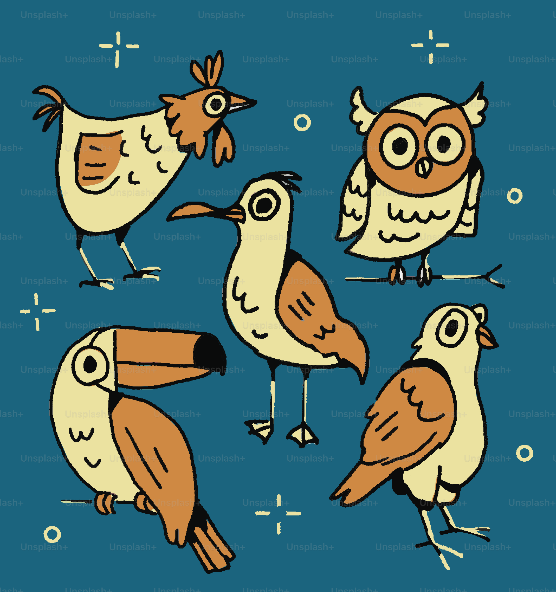 A group of birds standing next to each other on a blue background