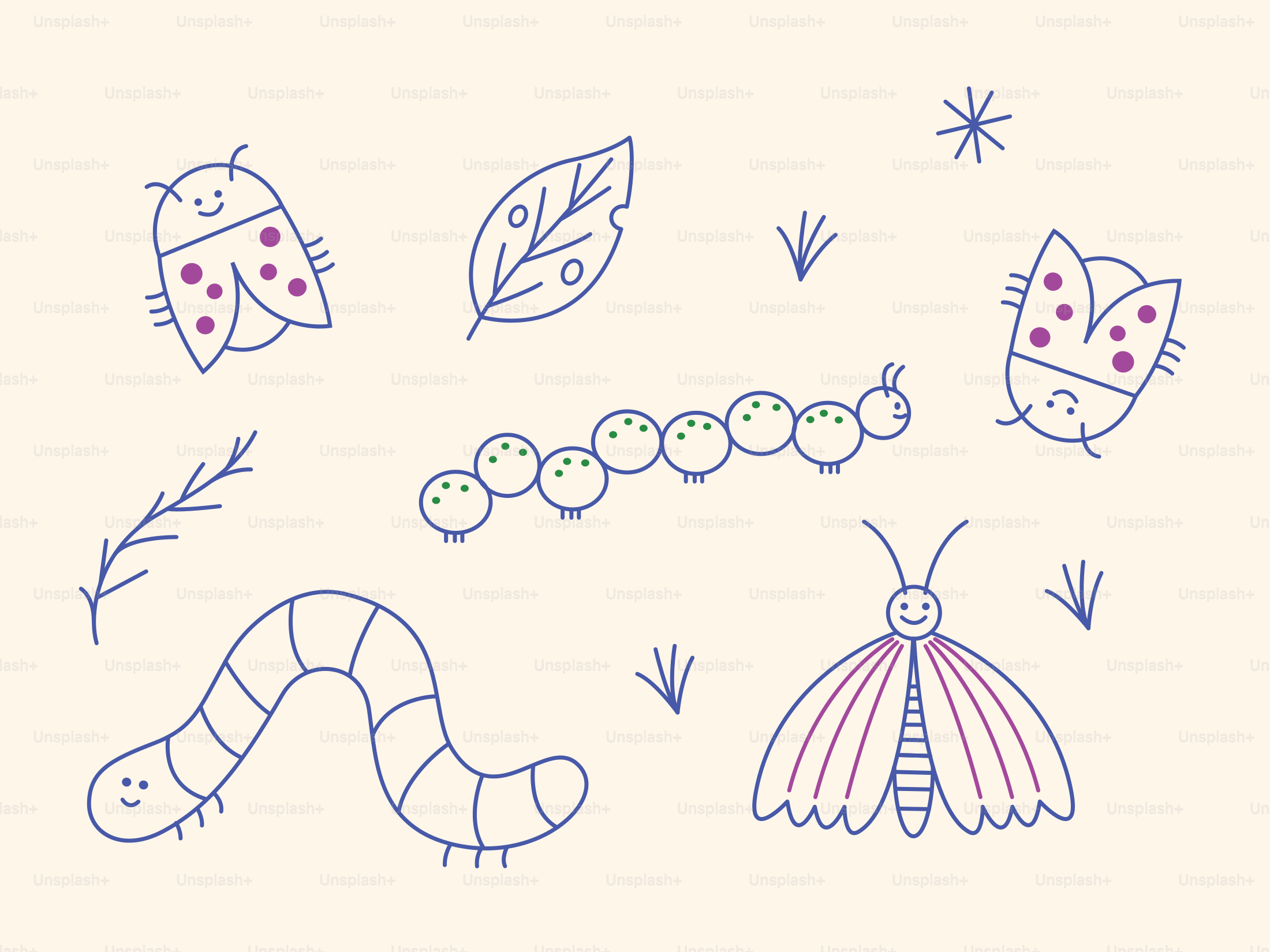 A drawing of a caterpillar, a butterfly, and a caterpillar