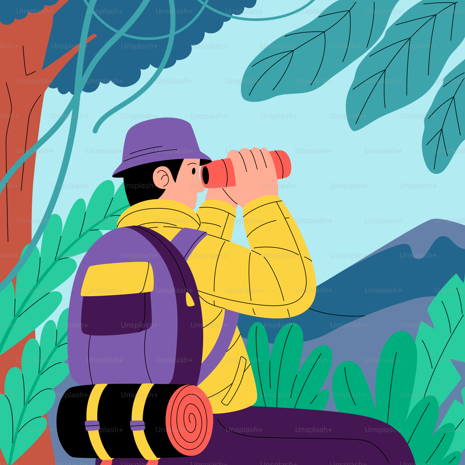 A man with a backpack is looking through a binoculars