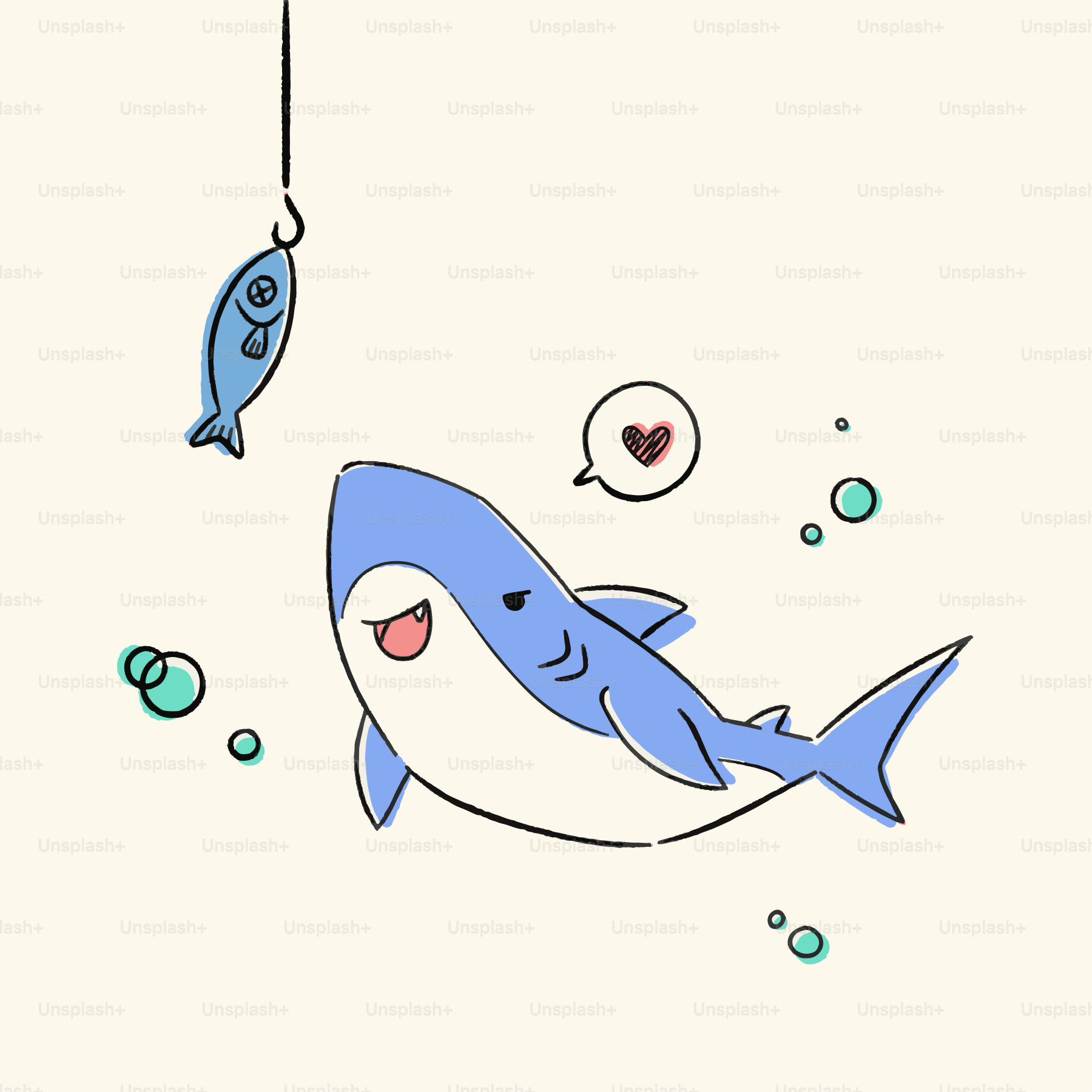 A drawing of a shark with a fish on a hook