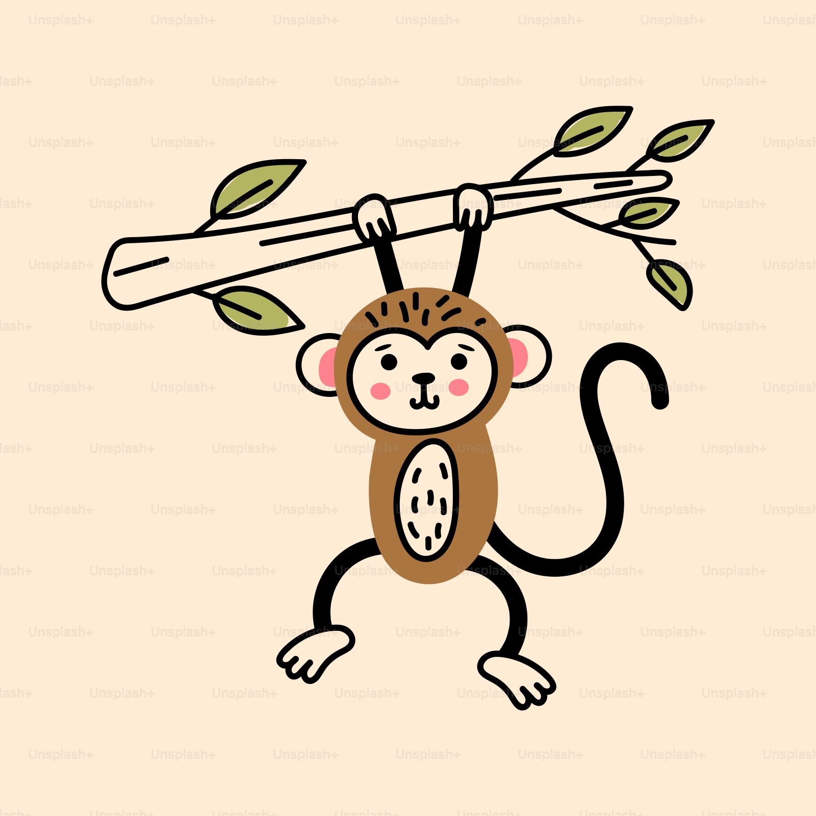 Un mono colgando de la rama de un árbol con hojas