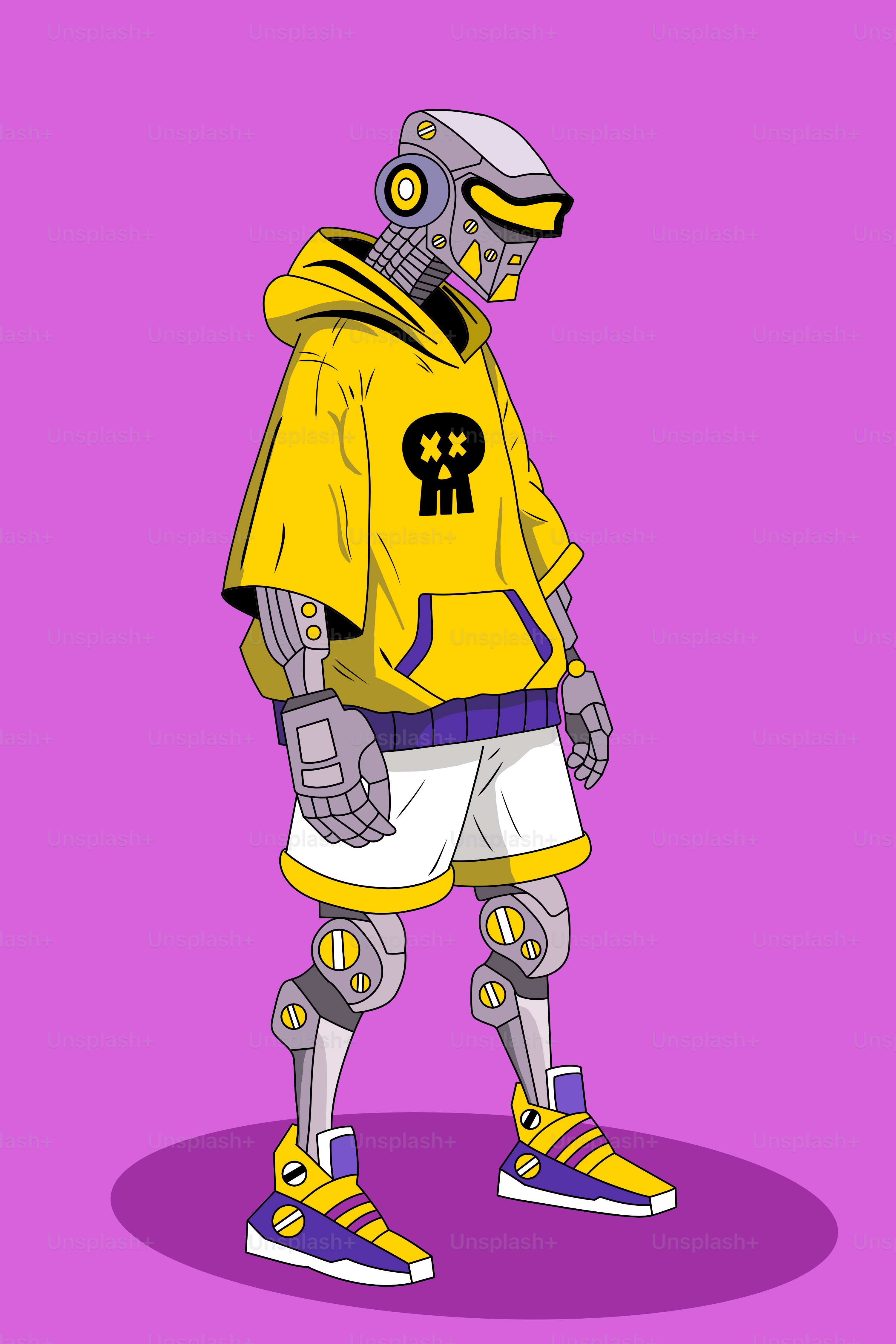 A robot in a yellow jacket and white shorts