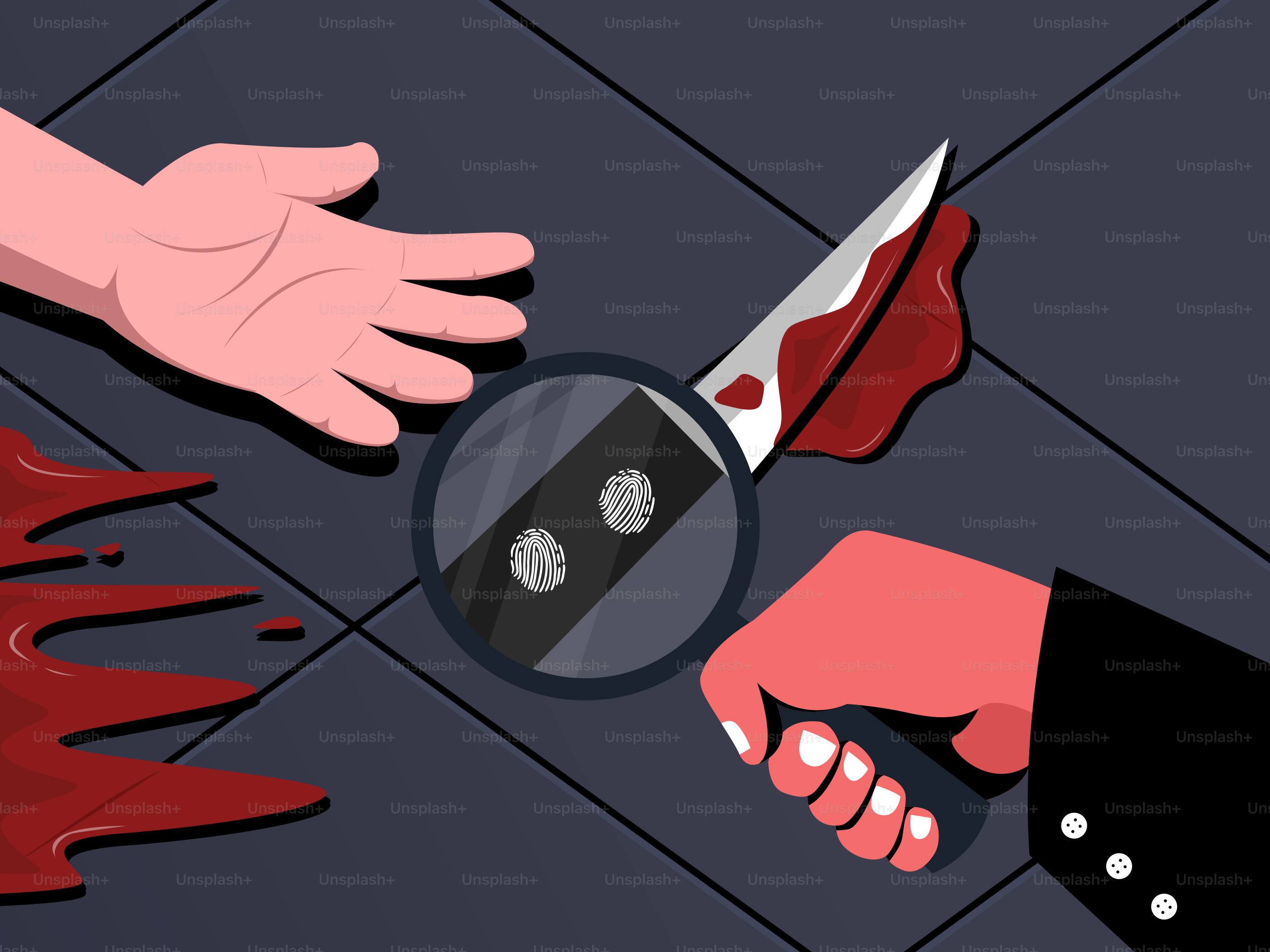 Une paire de mains tenant un couteau sur un sol ensanglanté