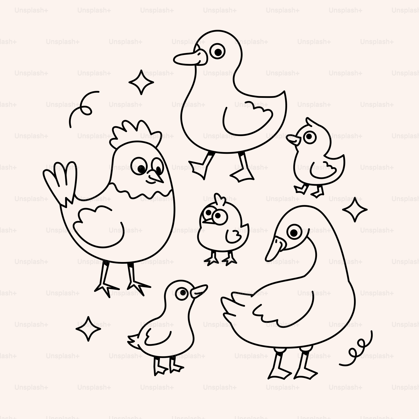 A black and white drawing of a family of birds