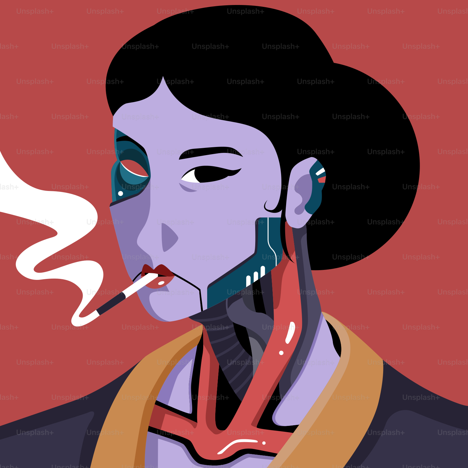 A woman smoking a cigarette with a red background