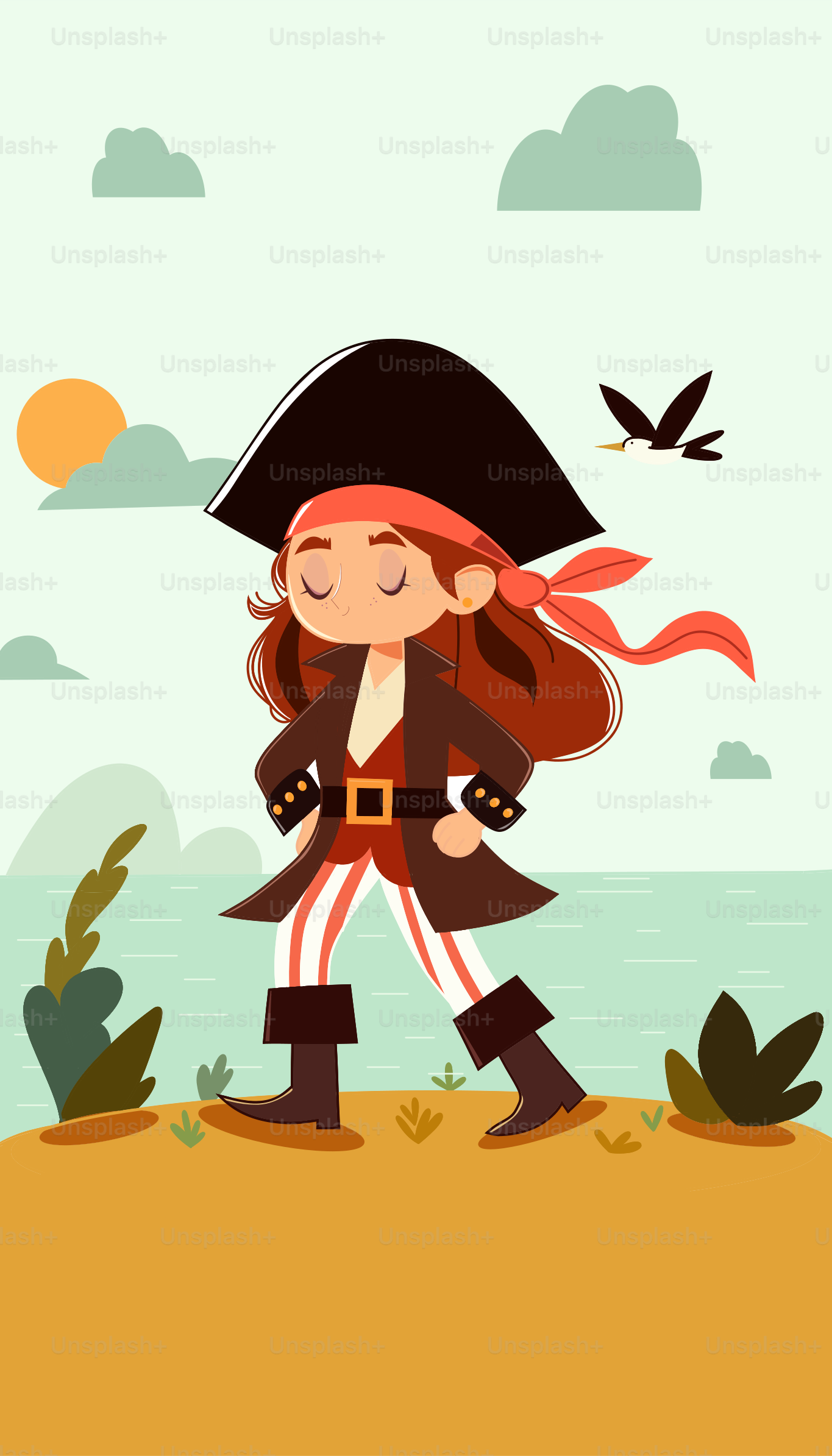 Una chica disfrazada de pirata paseando por la playa