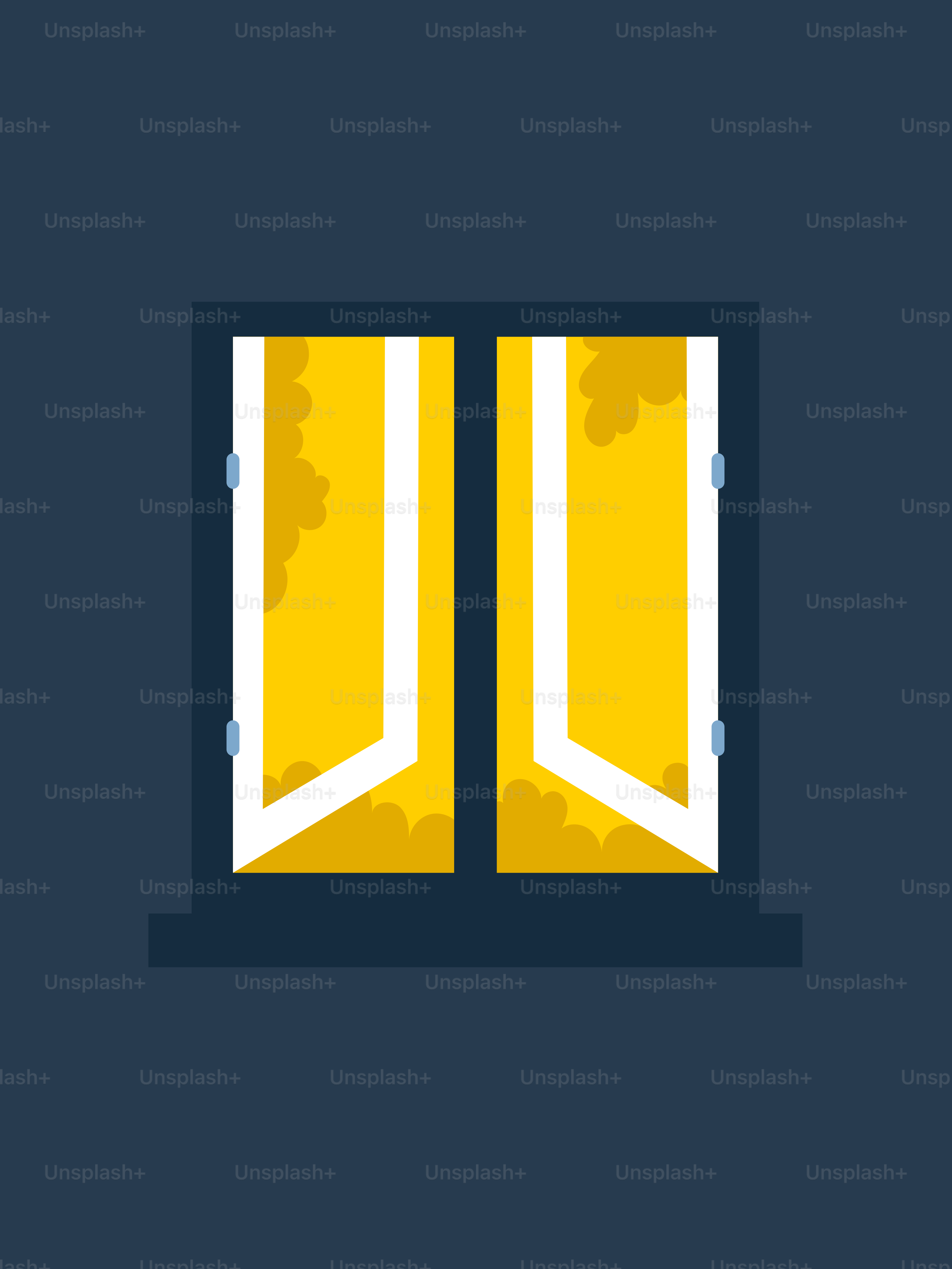 An open window with yellow curtains on a dark blue background