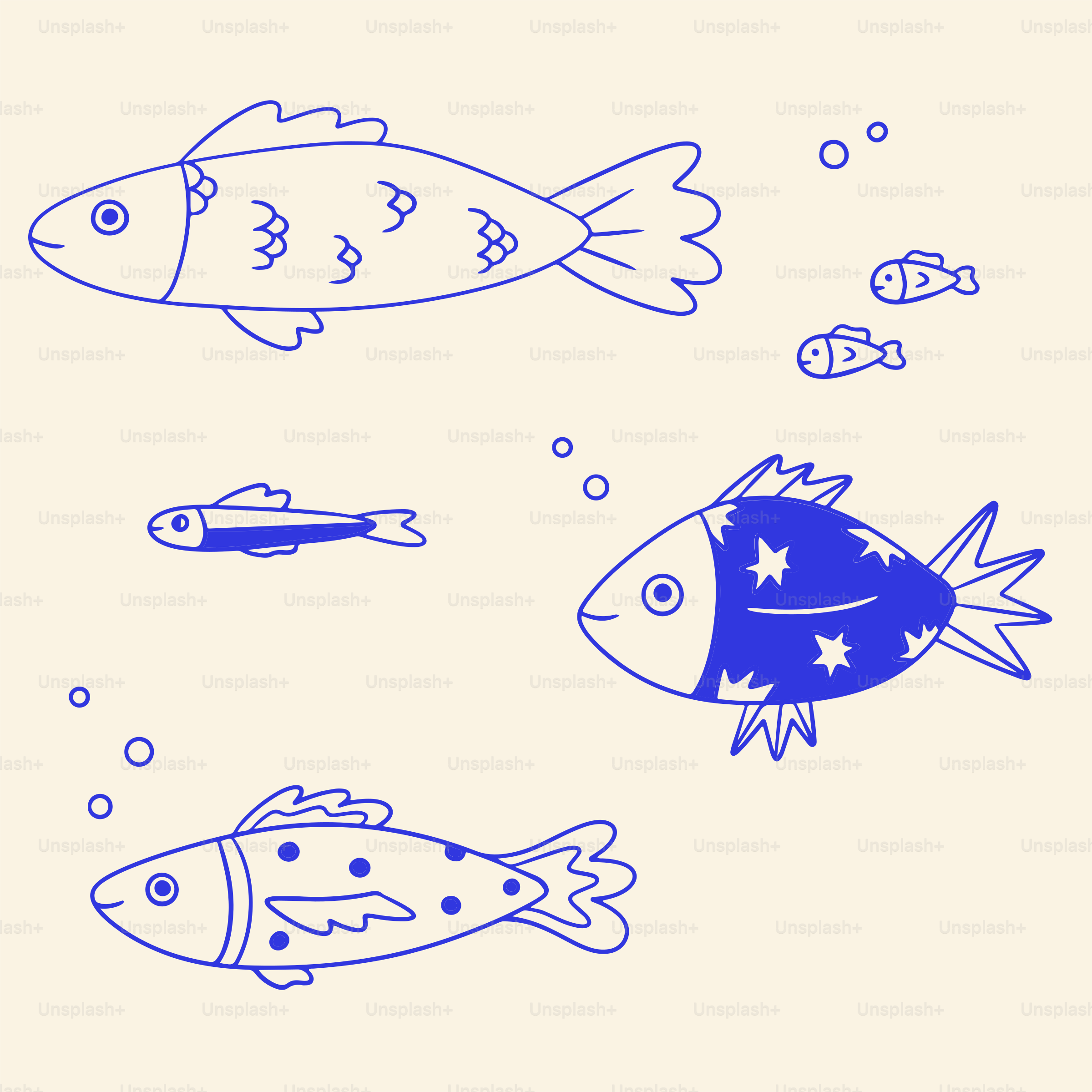 A drawing of a group of fish swimming in the water
