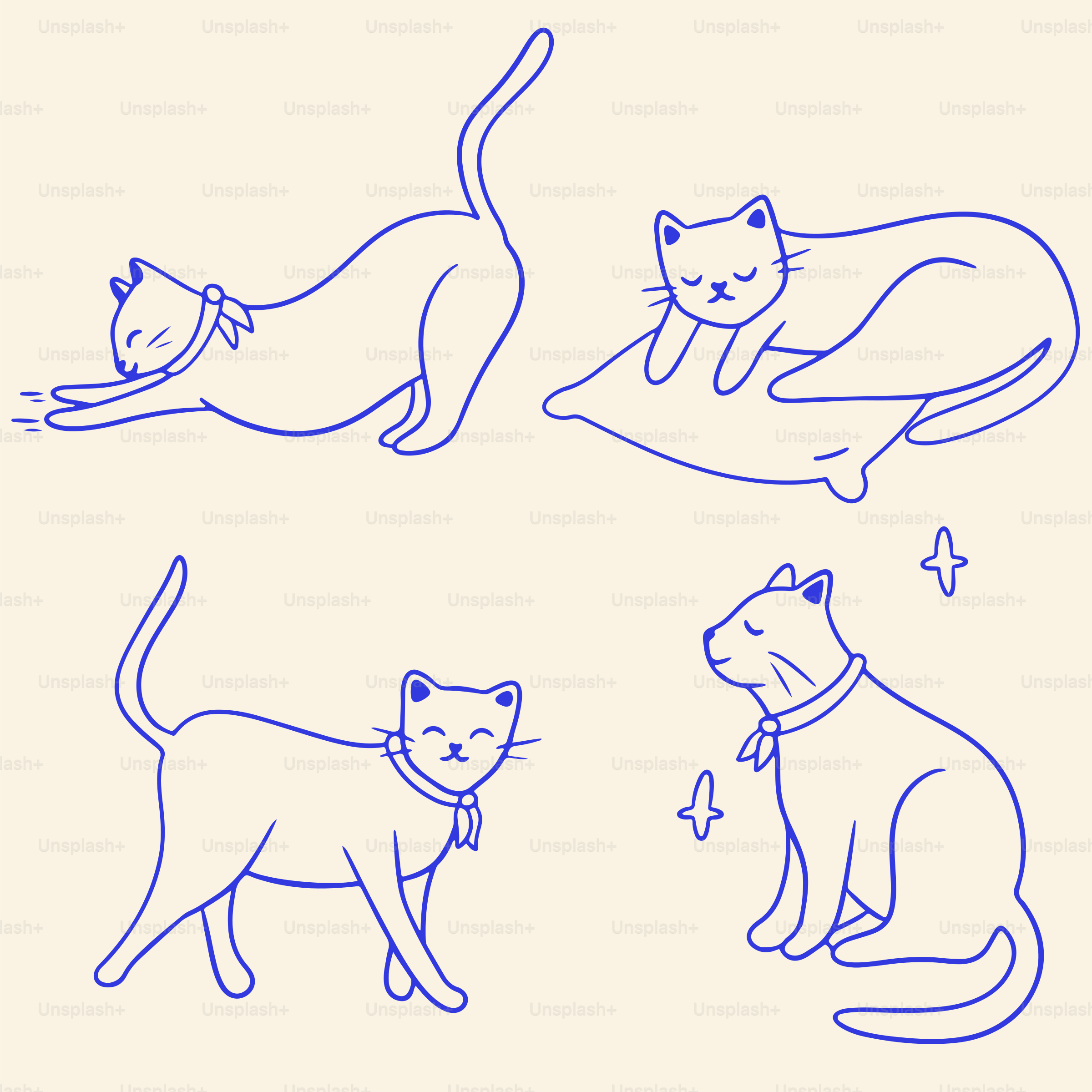 A drawing of four cats sitting on a pillow