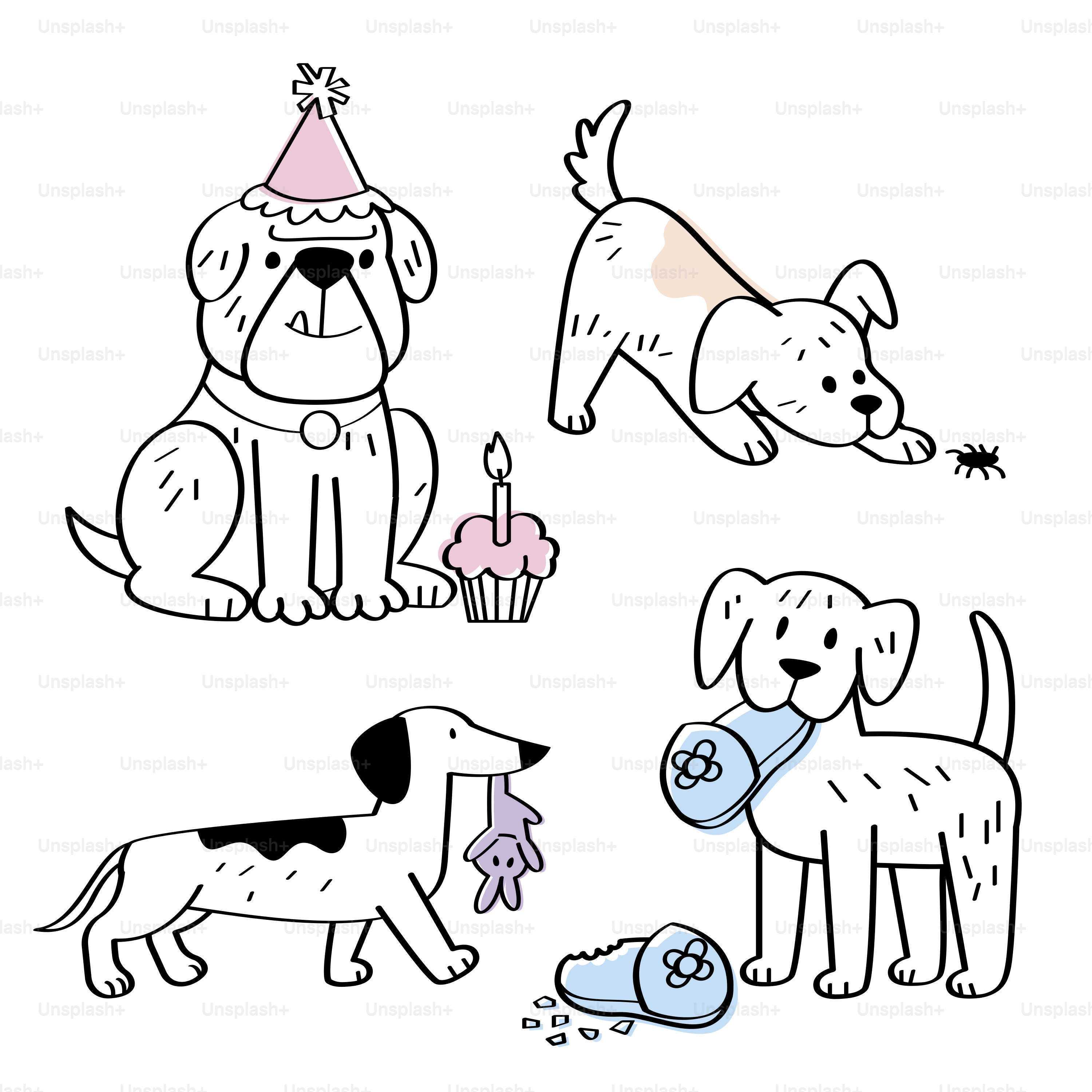A drawing of dogs with birthday hats on