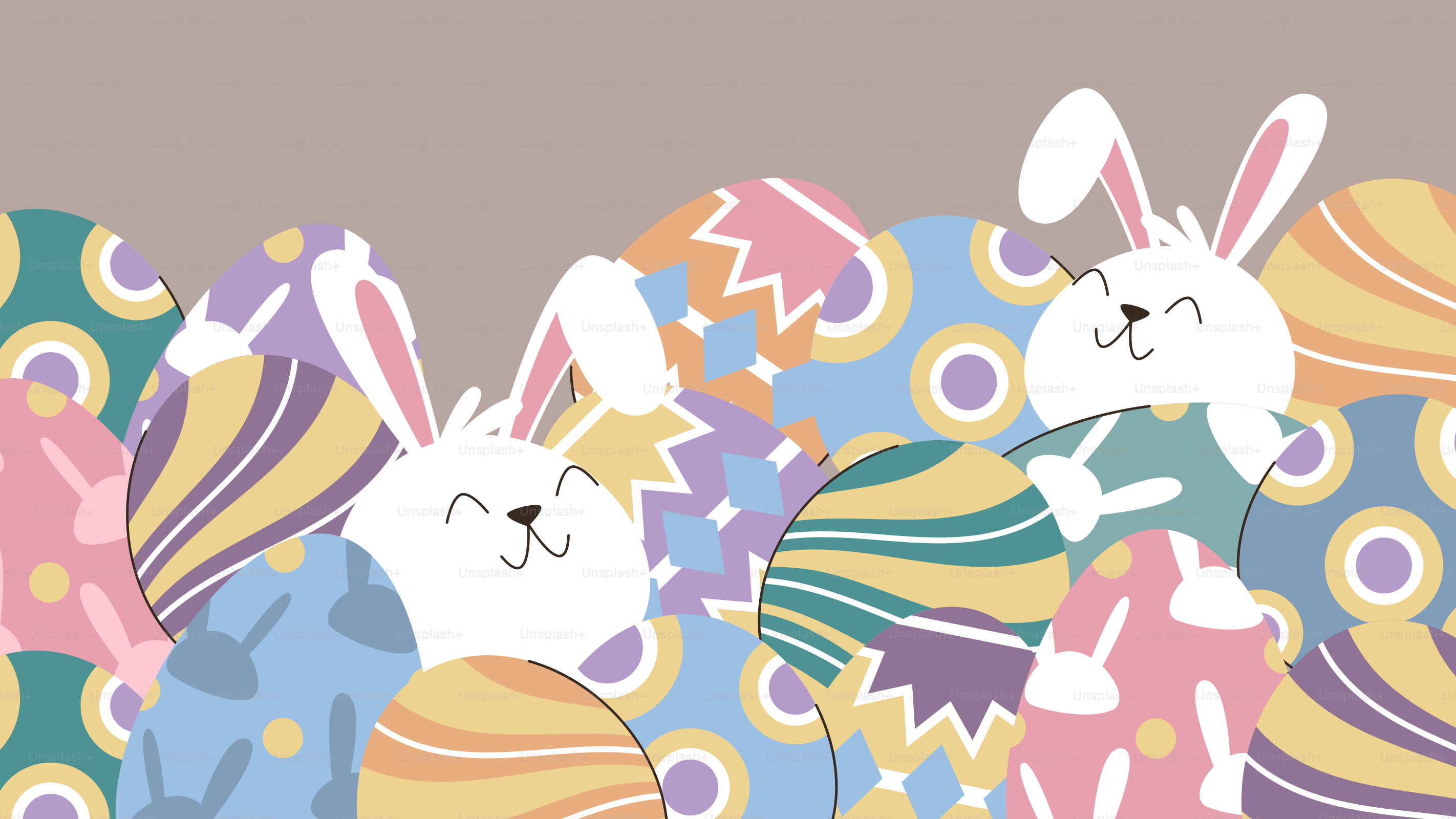 Une carte de Pâques avec trois lapins et des œufs