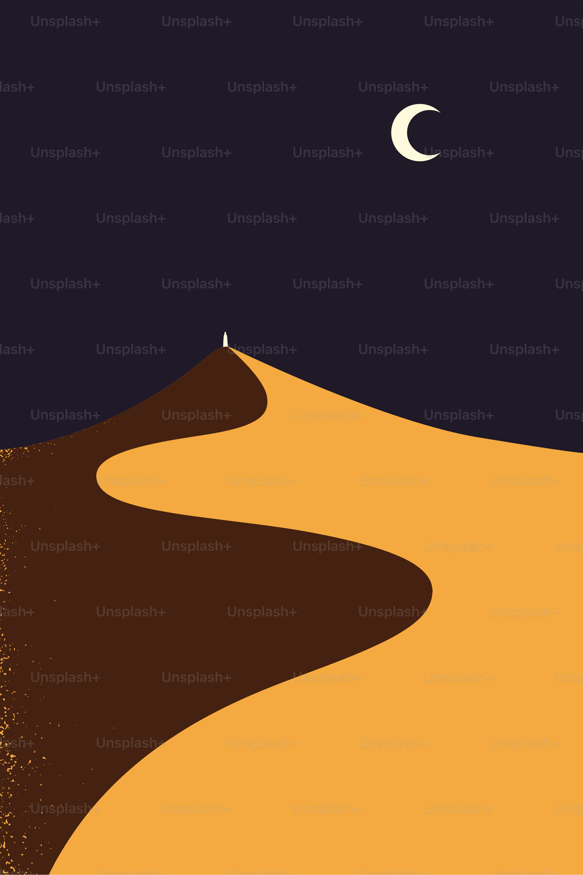 A desert scene with the moon rising over a hill
