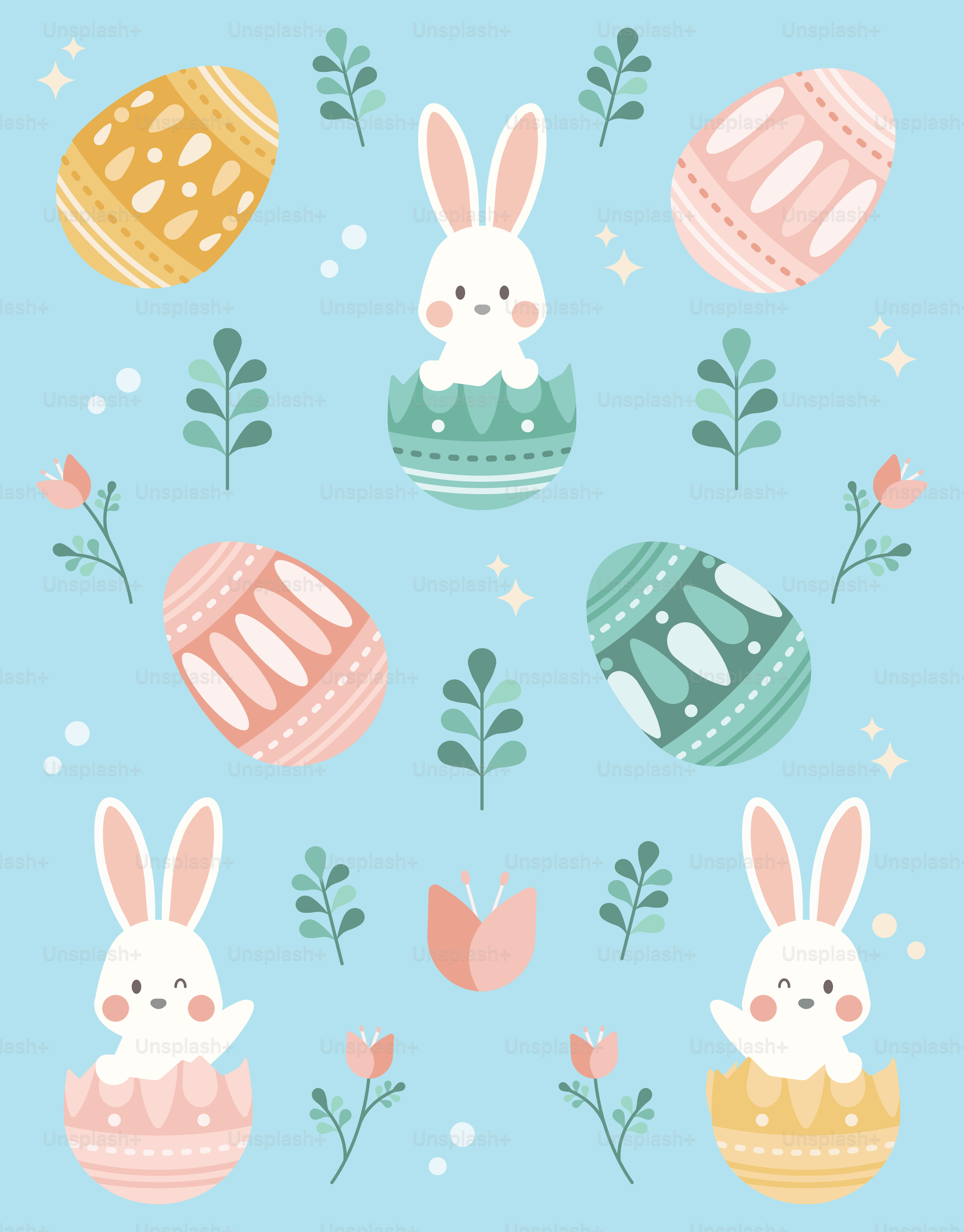 Un fond bleu avec des œufs de Pâques et des lapins