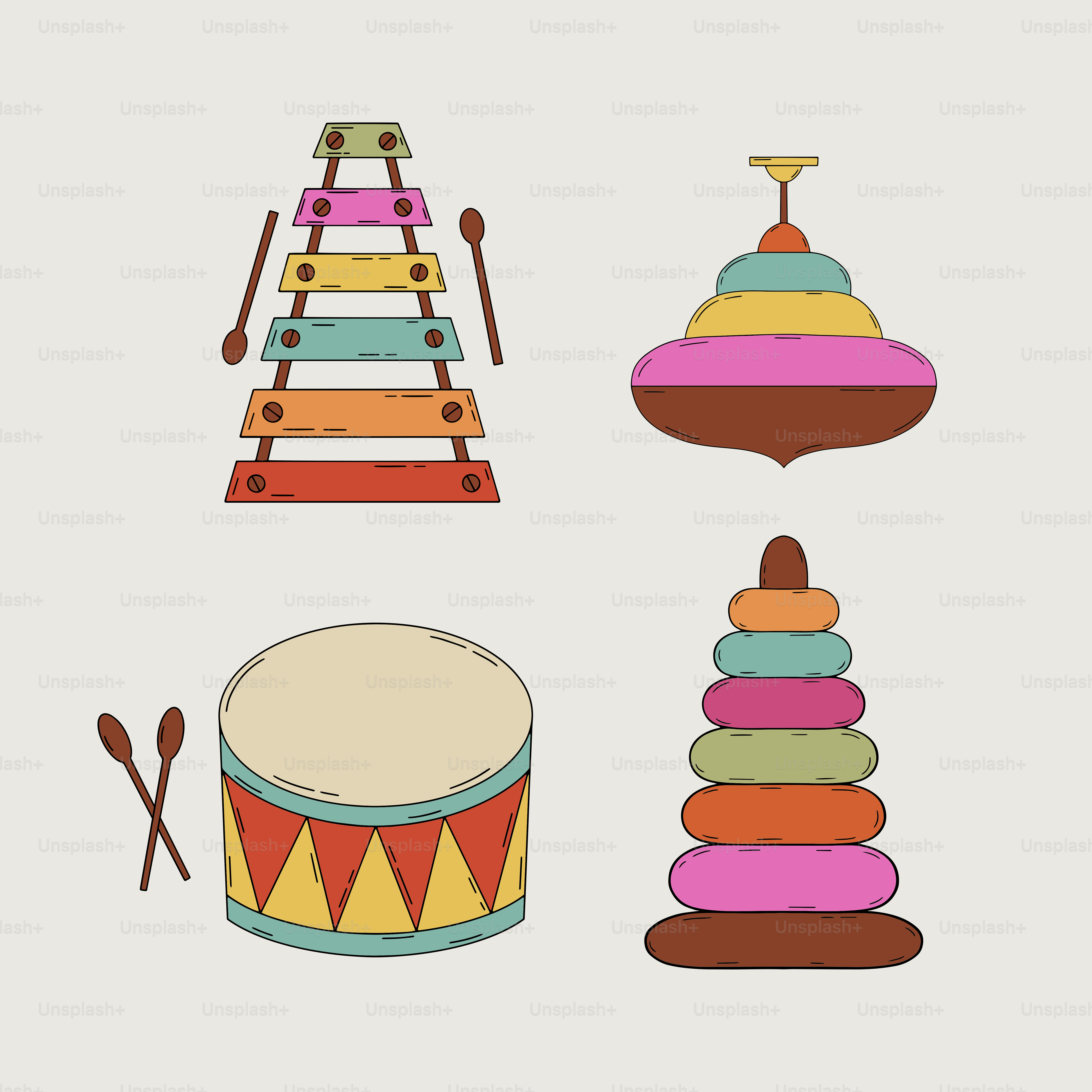 A group of different types of toys on a white background