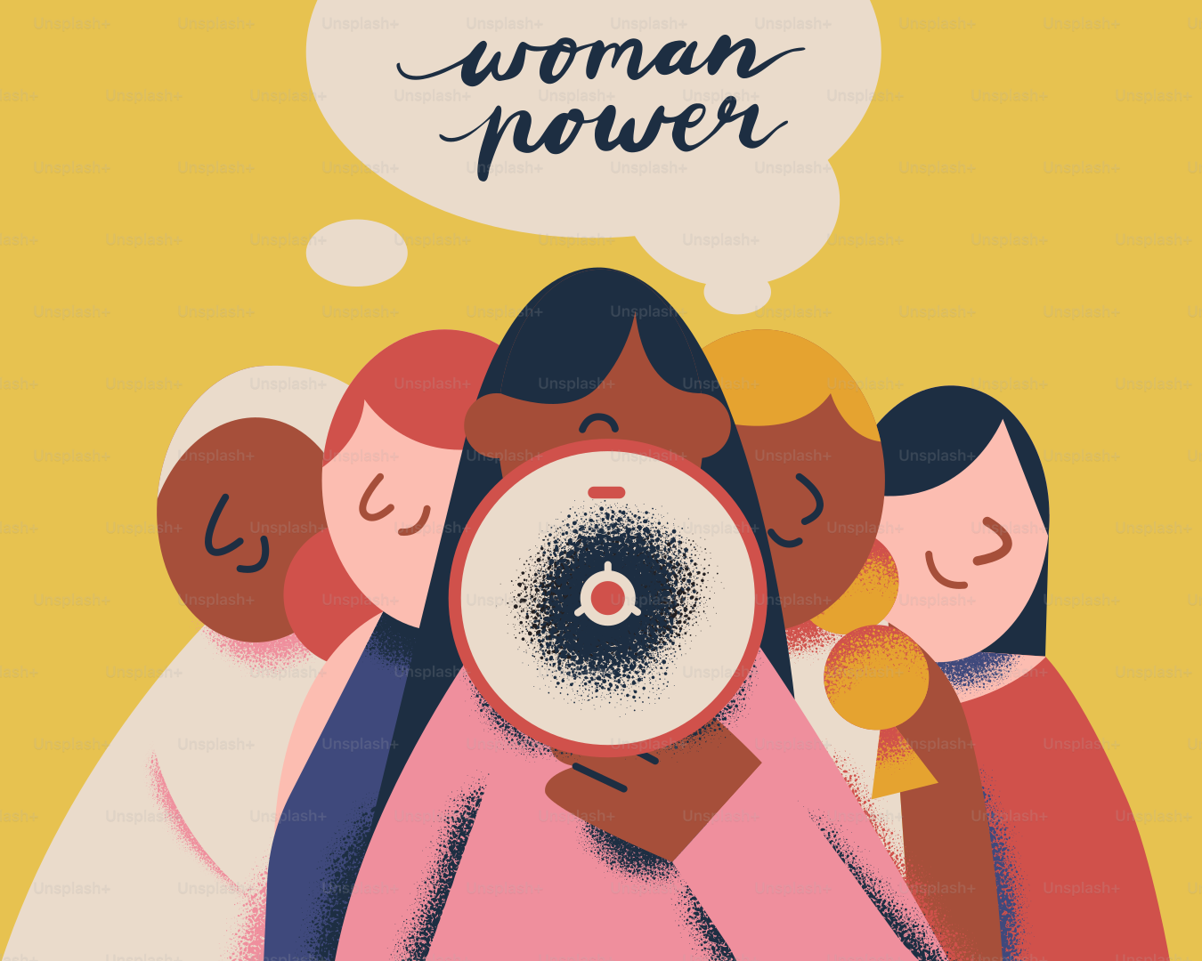 A group of women hugging each other with a thought bubble above them