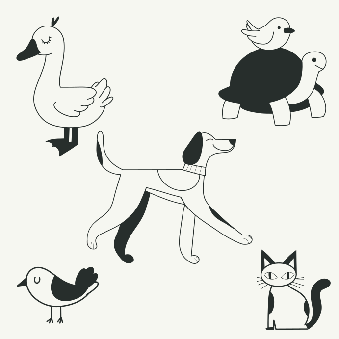 Un dessin en noir et blanc d’un chat, d’un chien et d’un oiseau