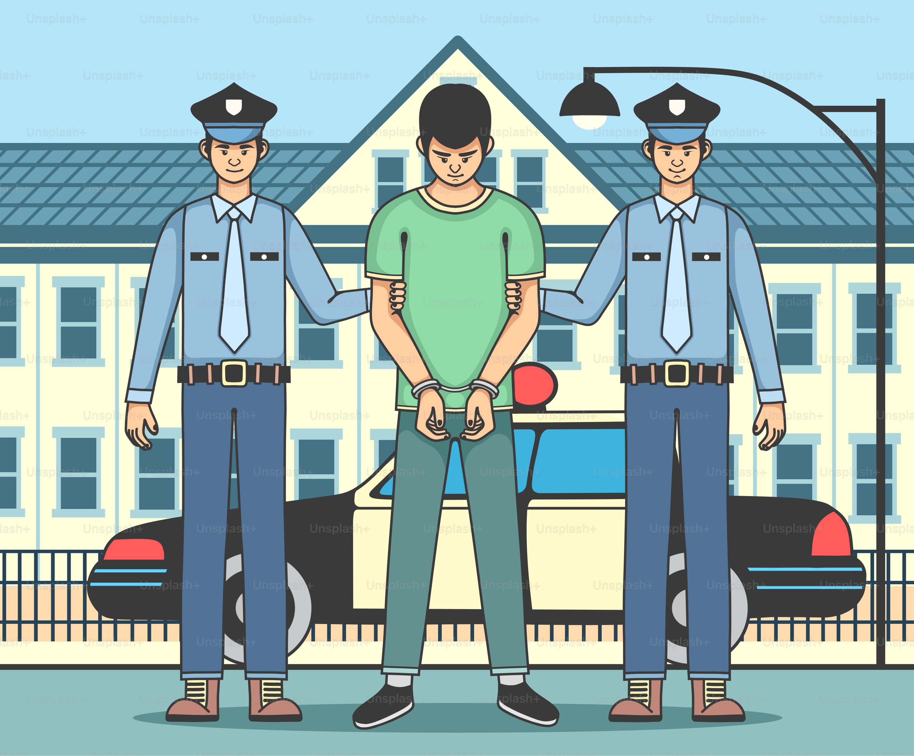 Trois policiers debout devant un immeuble