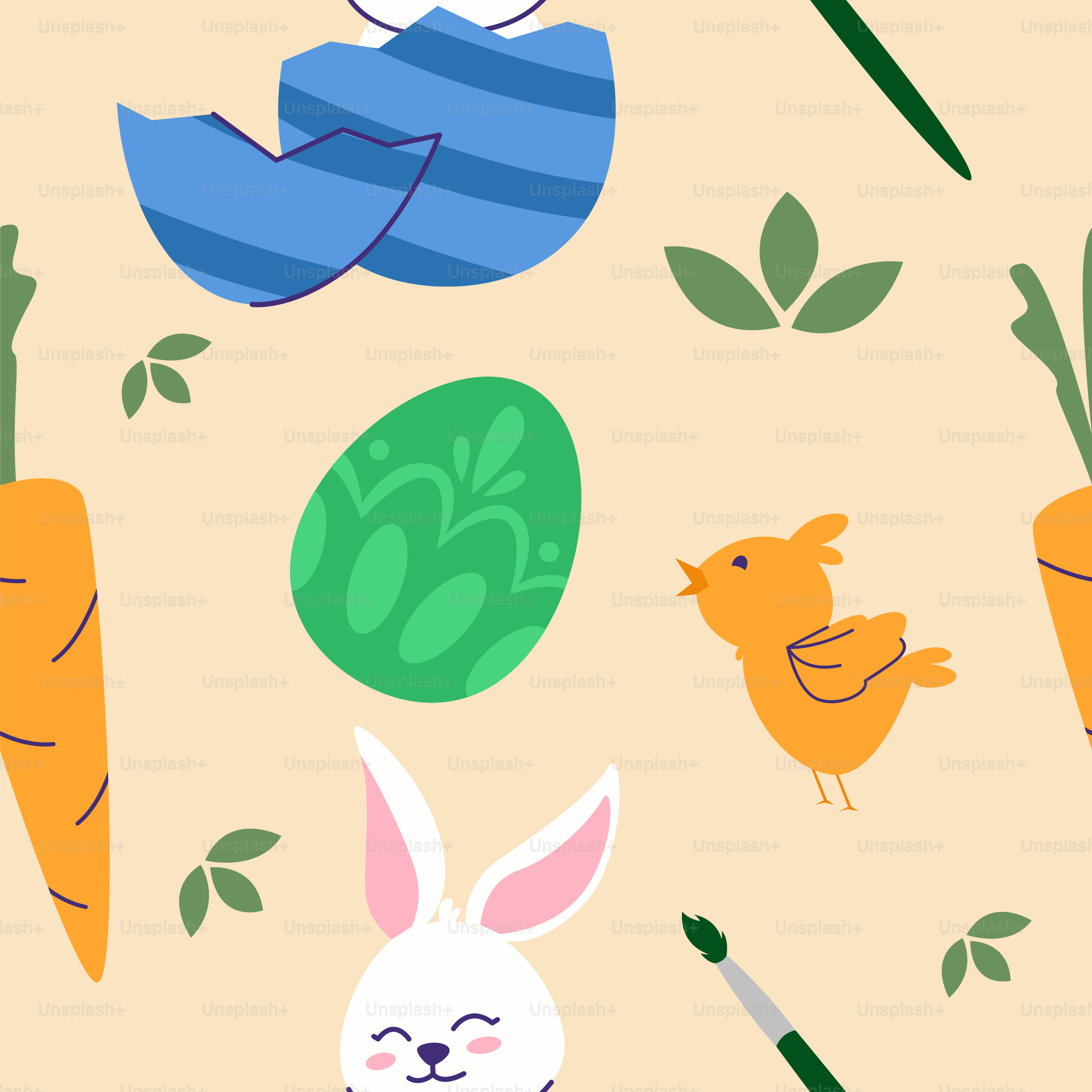 A pattern with a rabbit, carrots, and birds