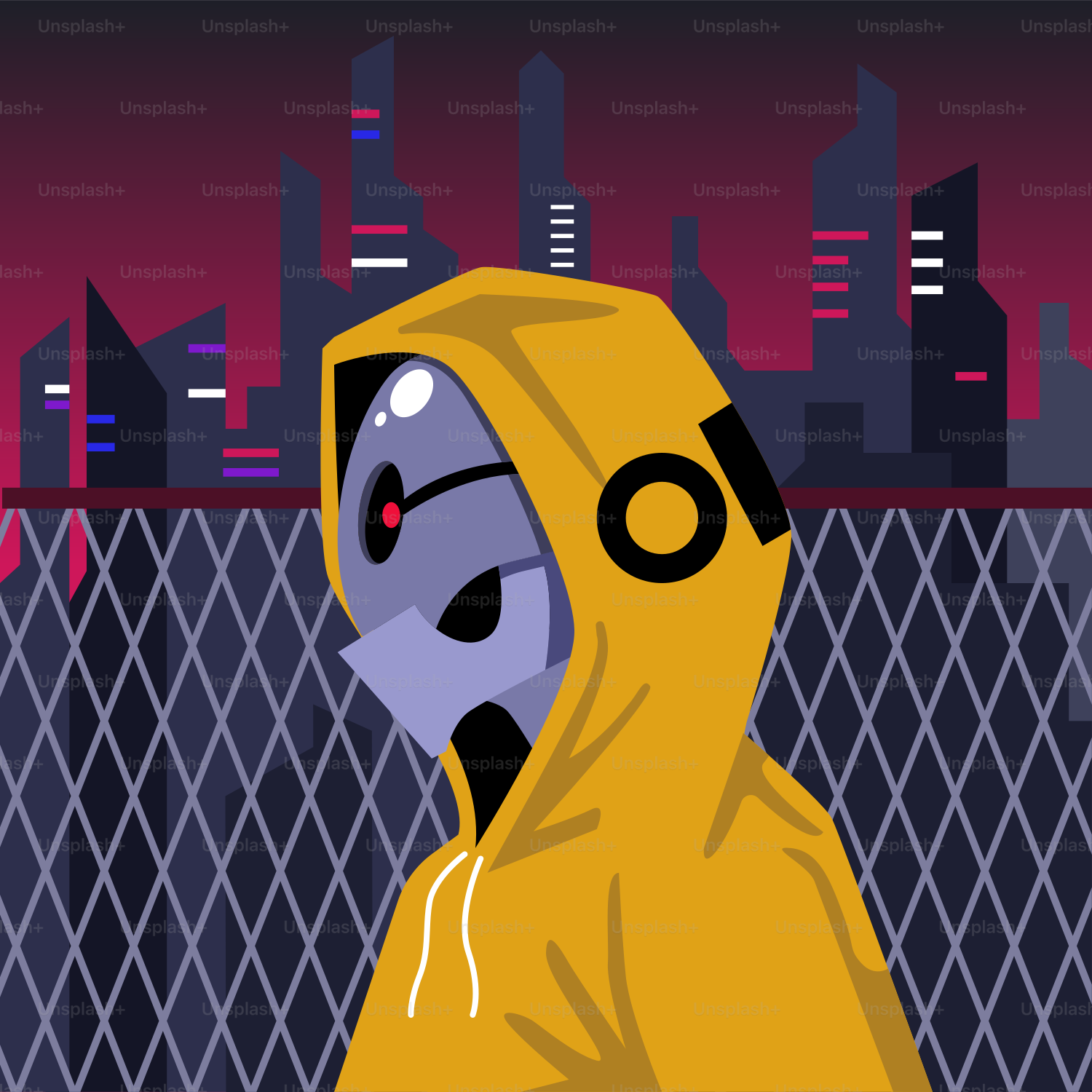 A person in a yellow hoodie standing in front of a fence