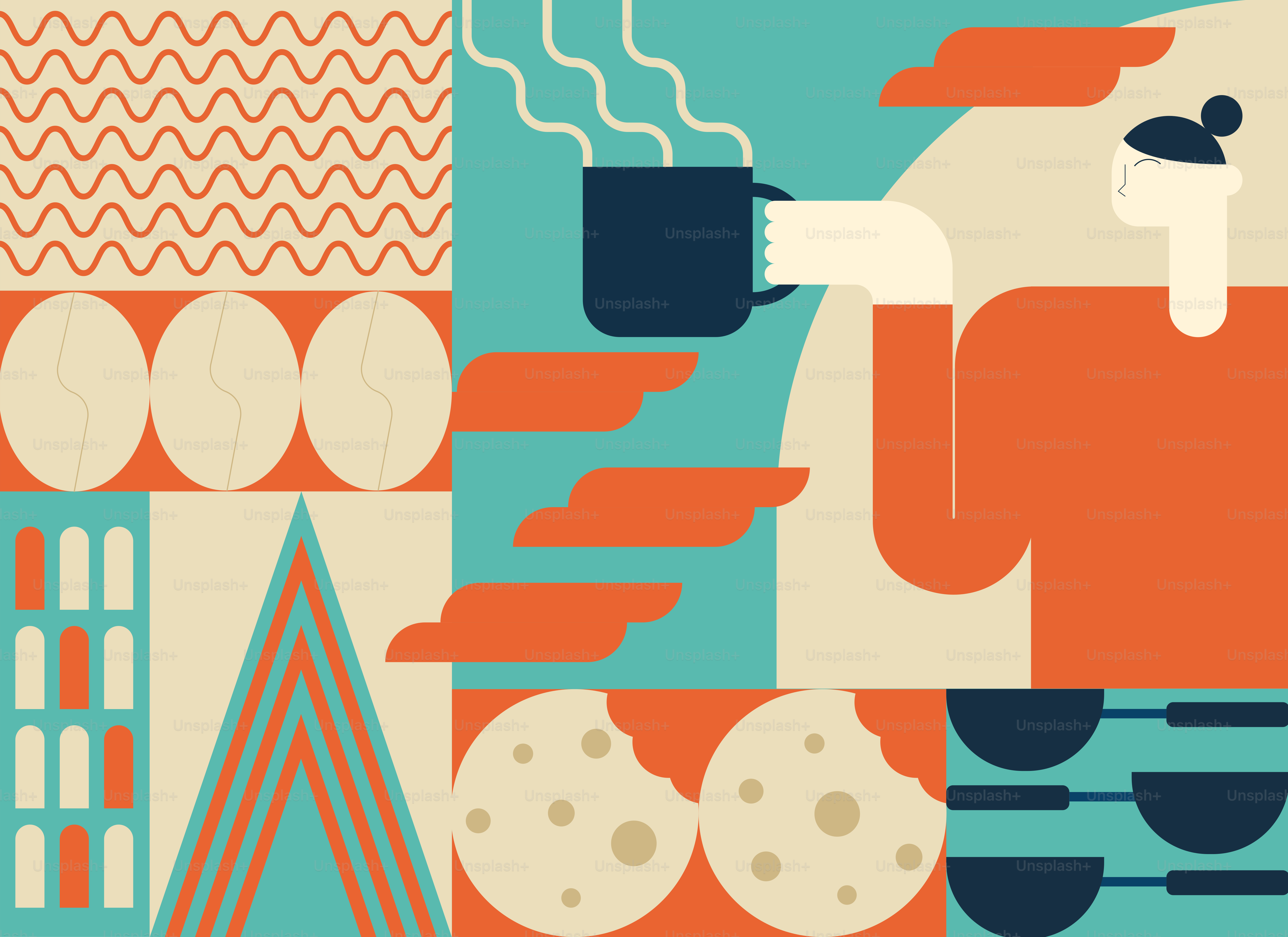 Une affiche avec une femme tenant une tasse de café