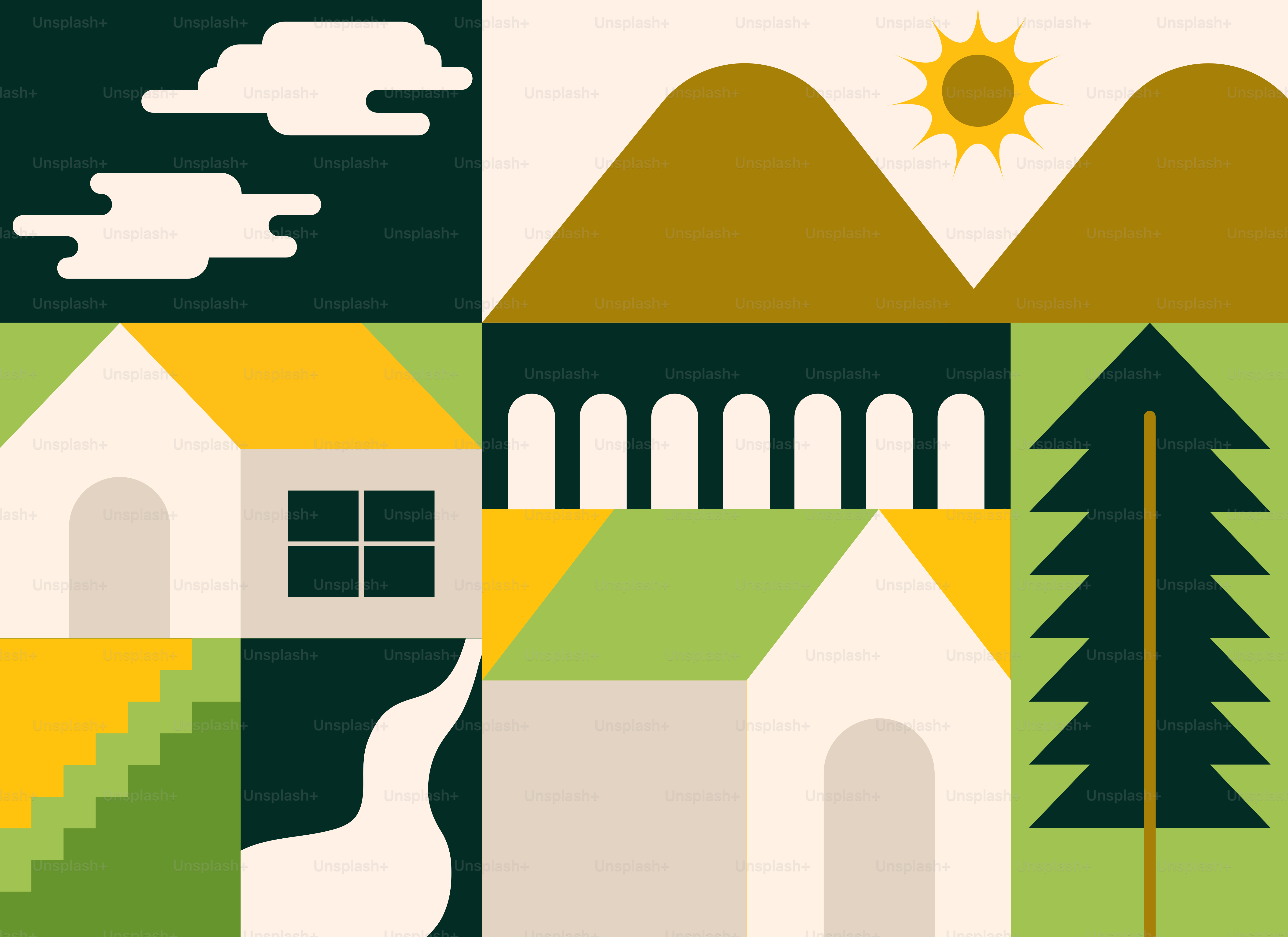 Une photo d’une maison avec des arbres et des montagnes en arrière-plan