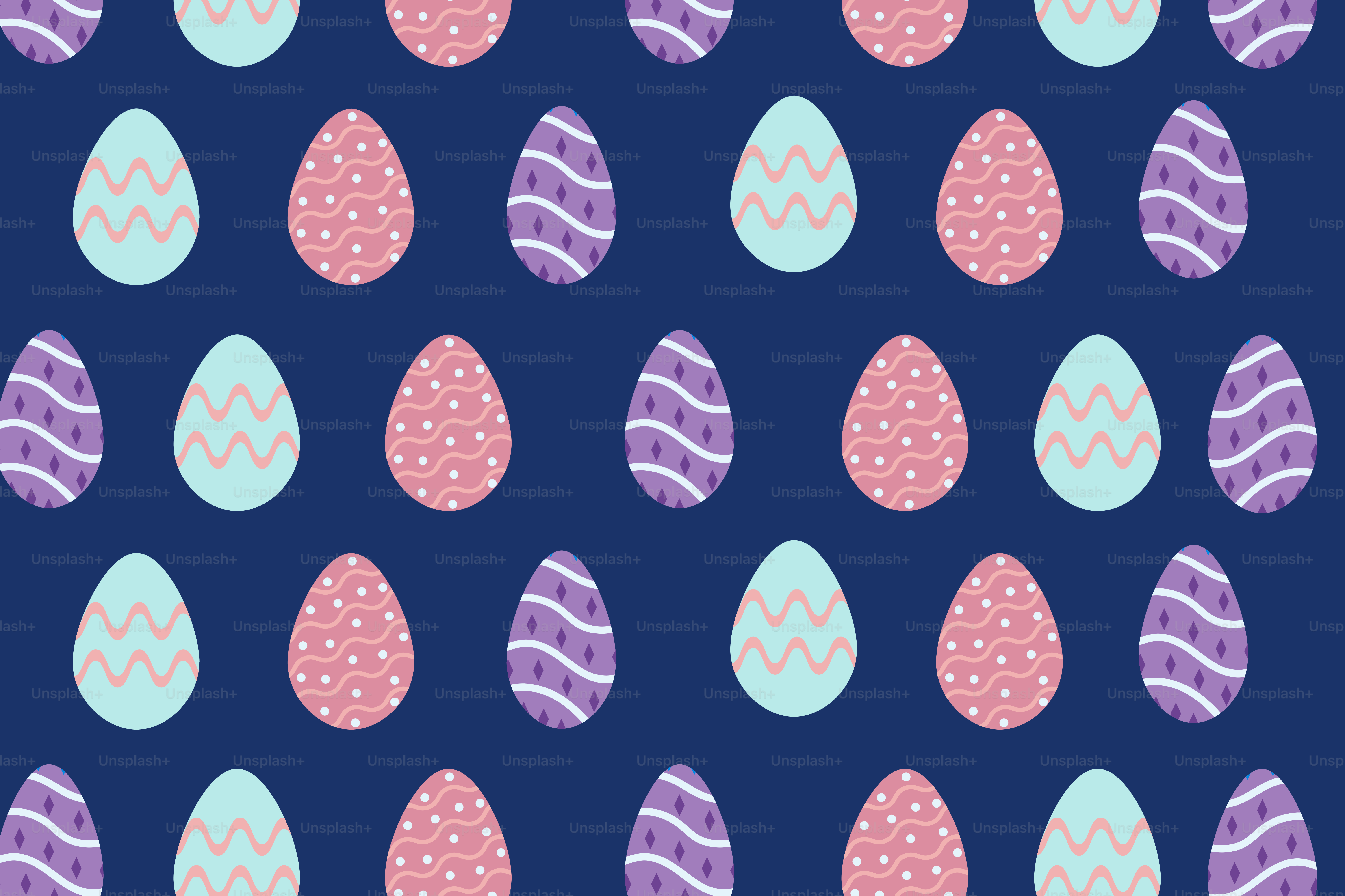 Um padrão de ovos coloridos pastel em um fundo azul escuro