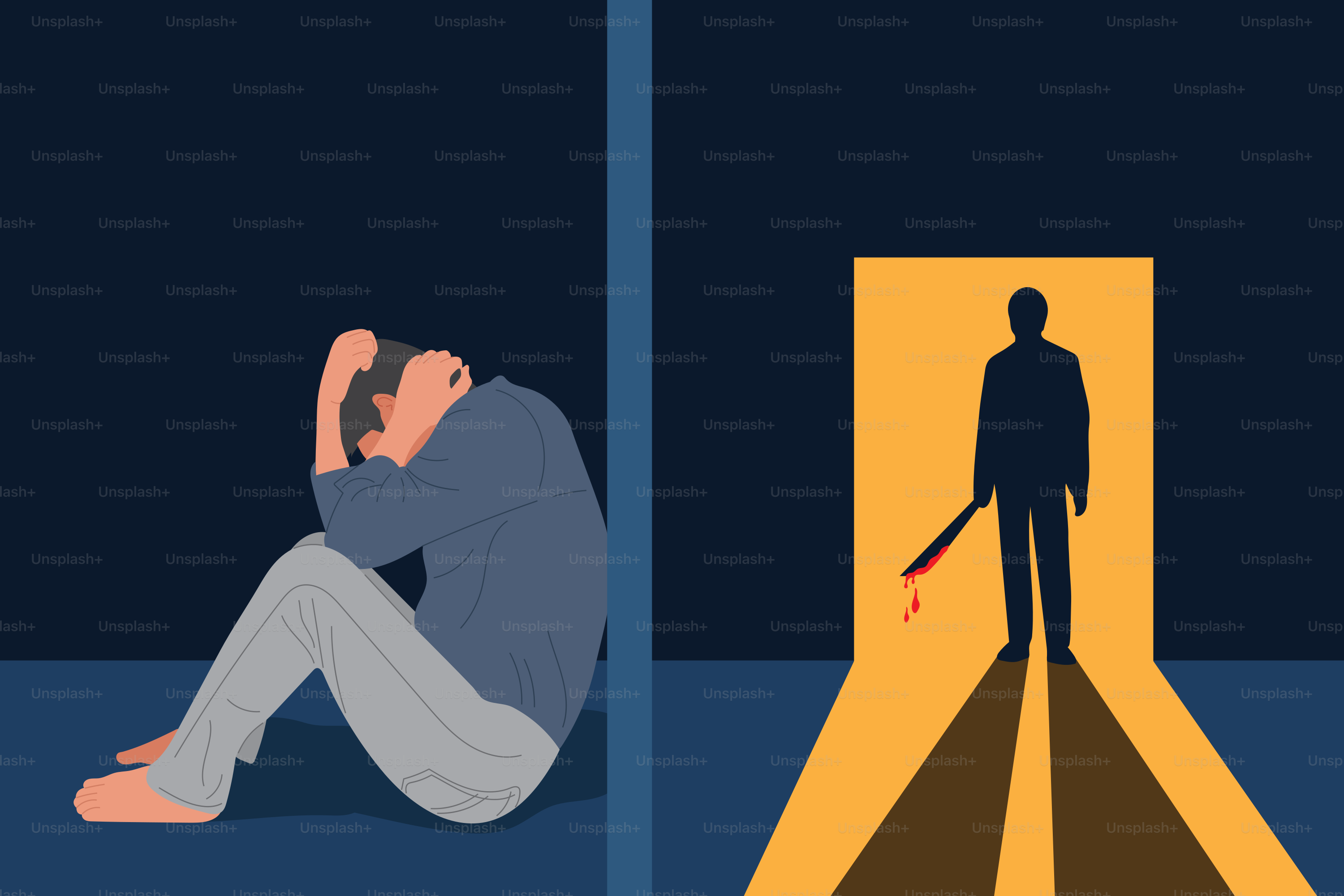 ドアの前の床に座る男