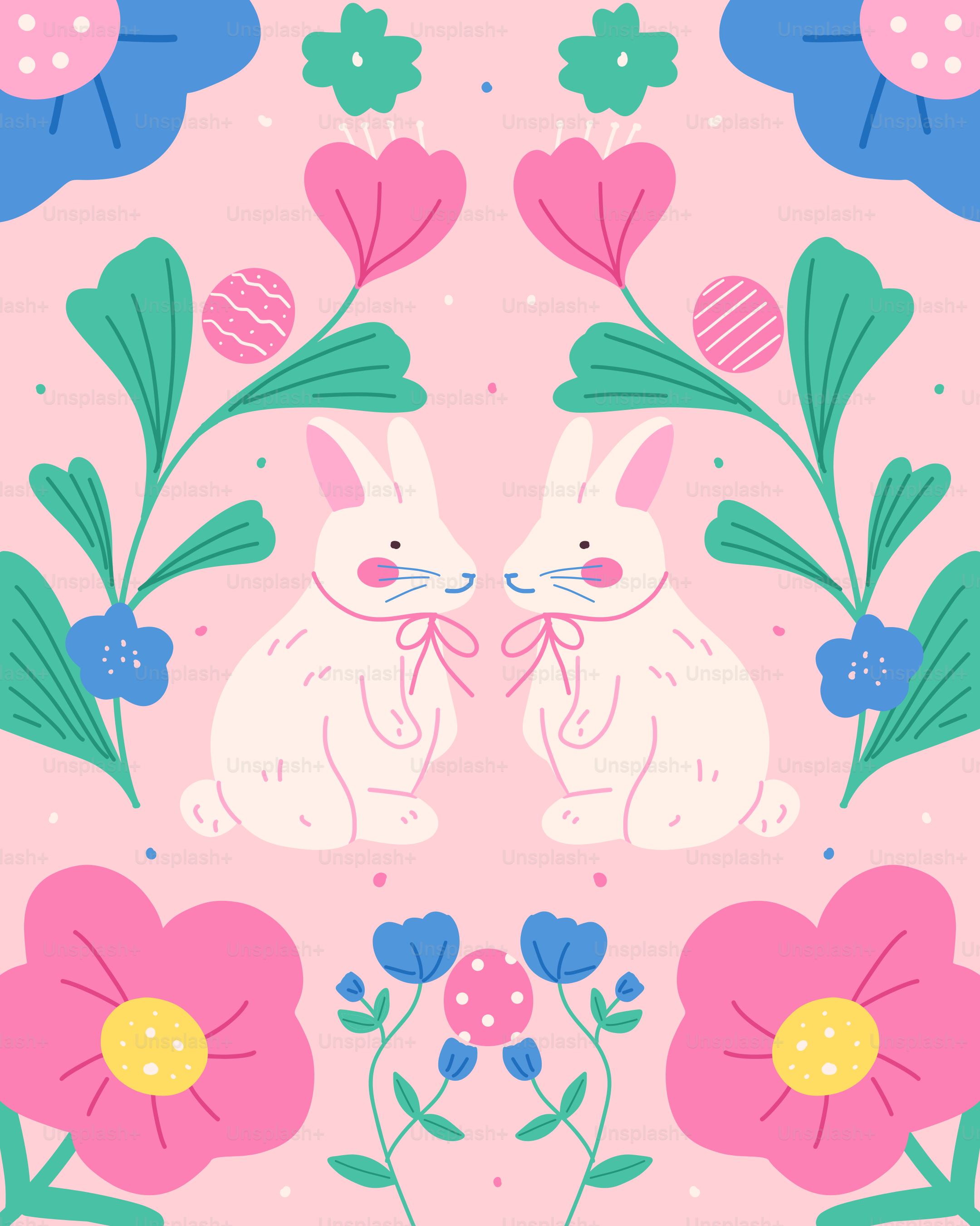 A couple of rabbits sitting next to each other on a pink background