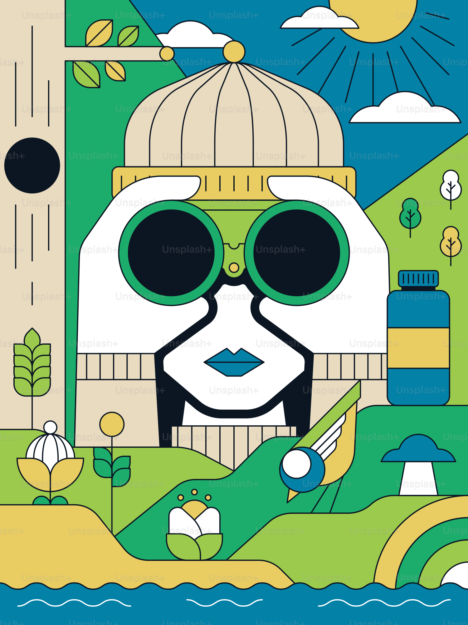 Un póster con un perro con gafas de sol y un edificio al fondo