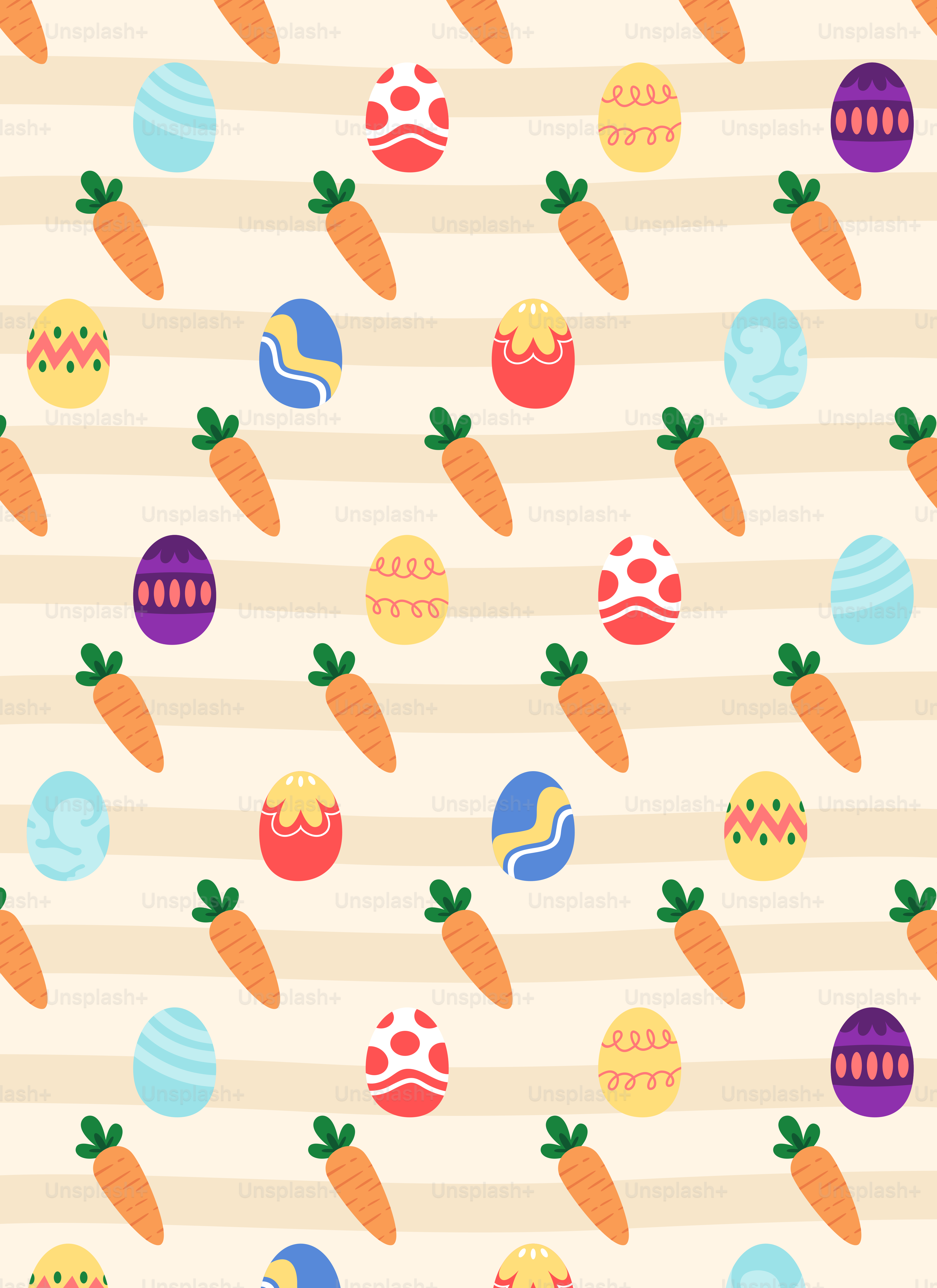 A pattern of easter eggs and carrots on a striped background