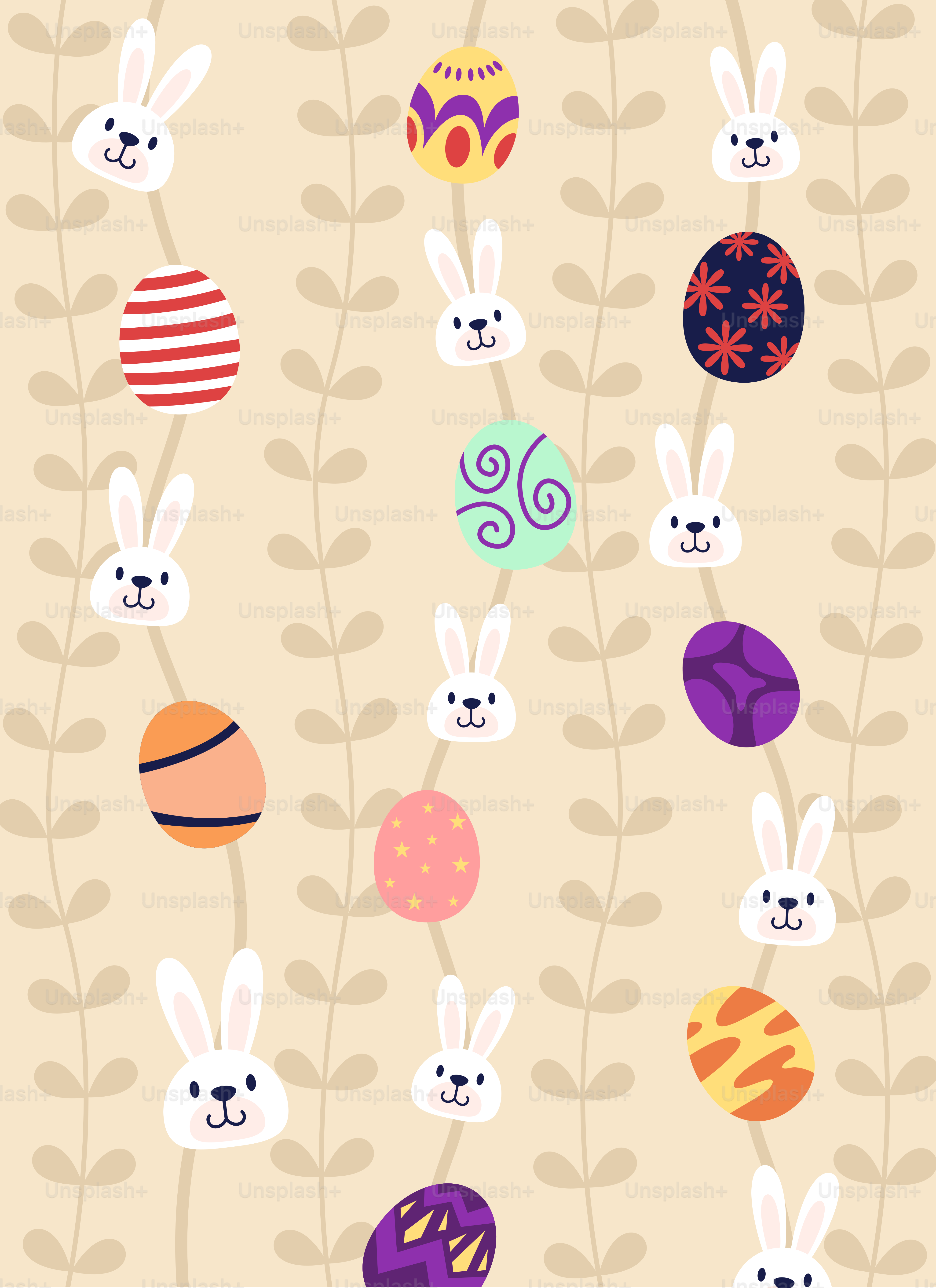 A pattern of easter eggs and bunnies on a beige background