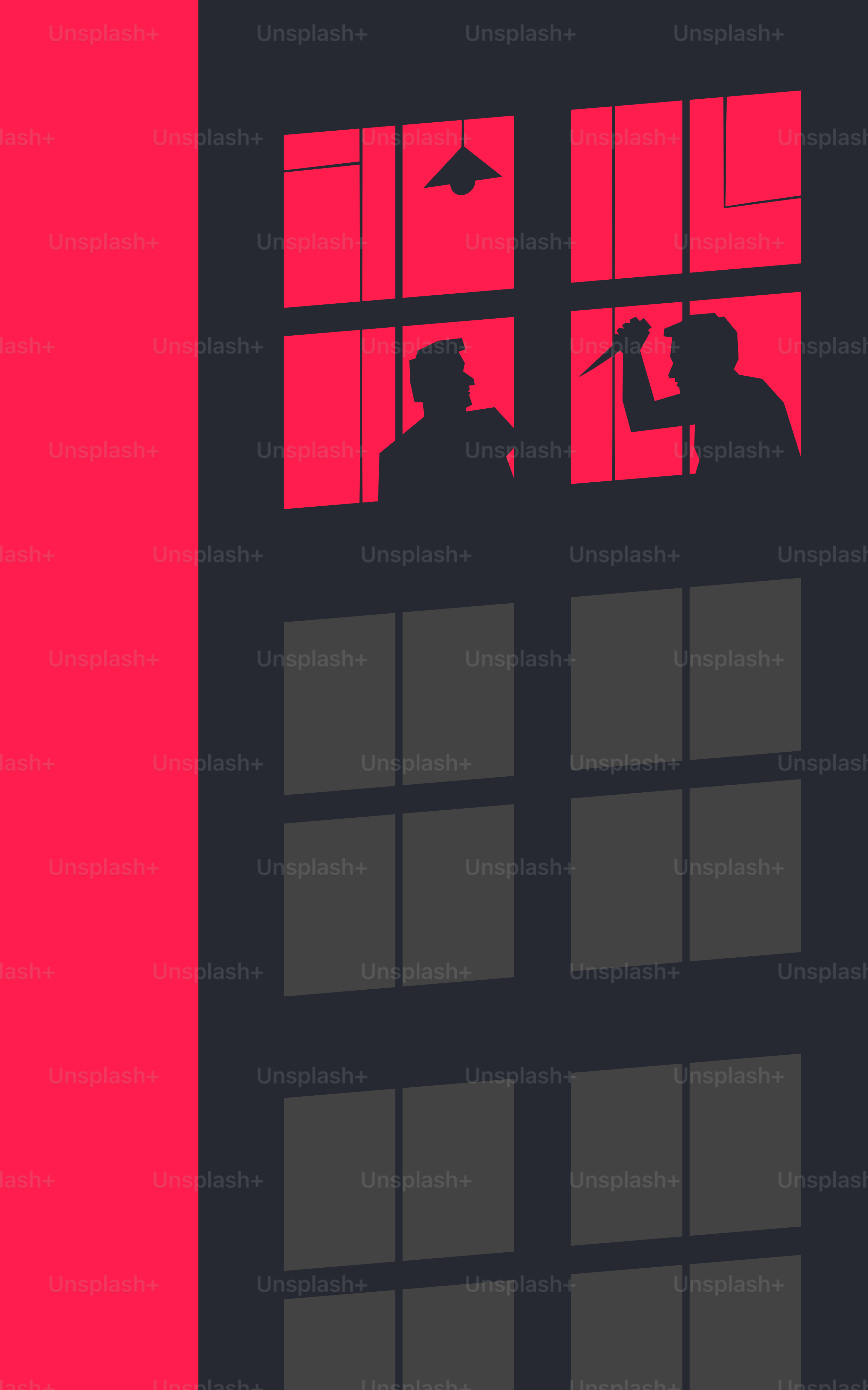 Une affiche rouge et noire de deux personnes regardant par la fenêtre