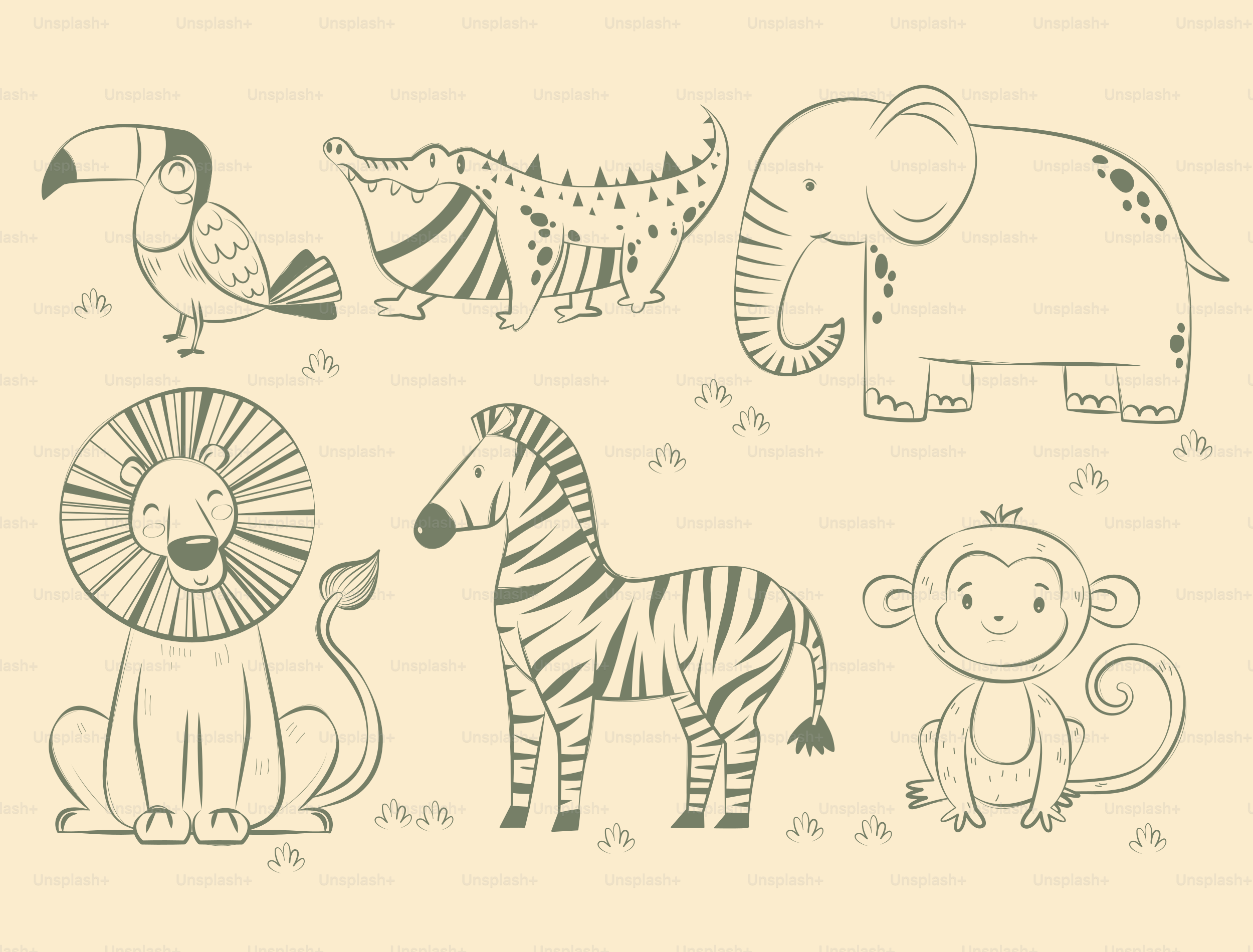A drawing of a group of different animals