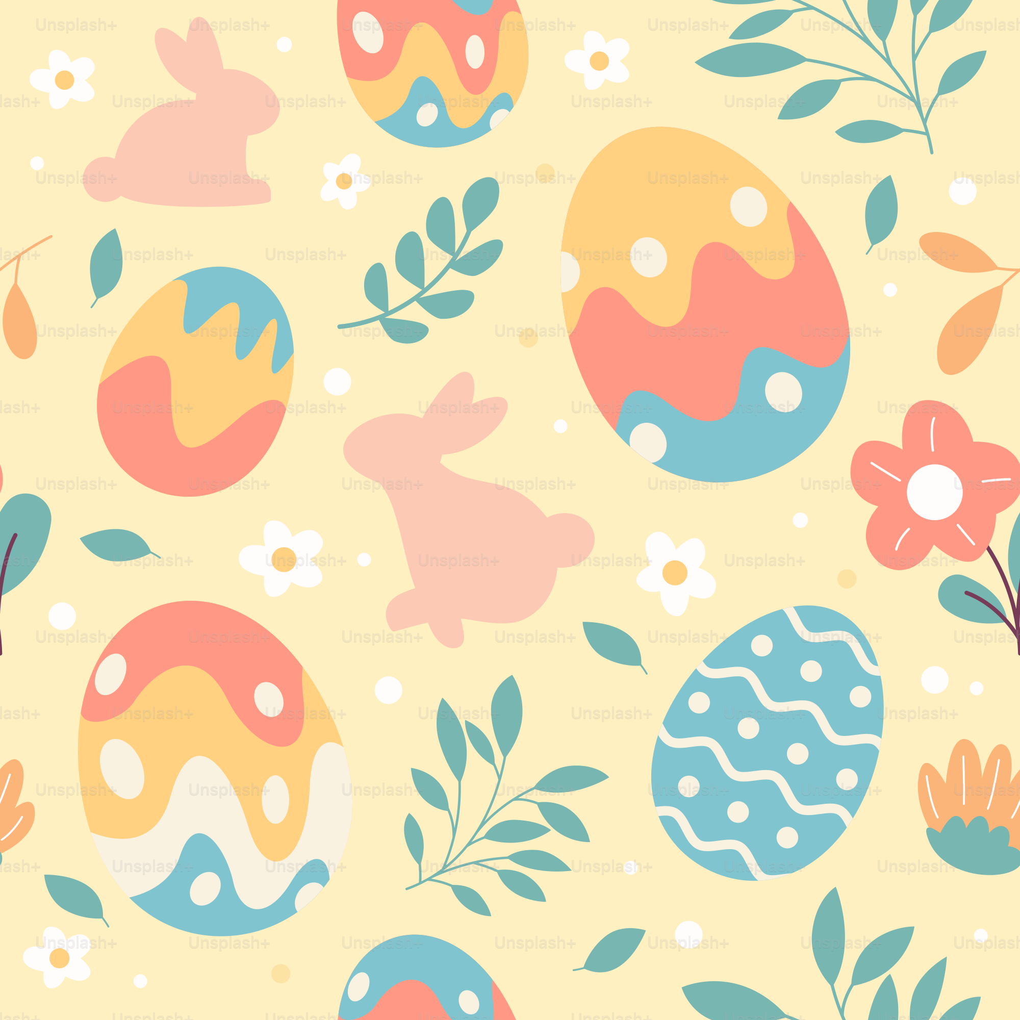 Un motif d’œufs de Pâques et de fleurs sur fond jaune