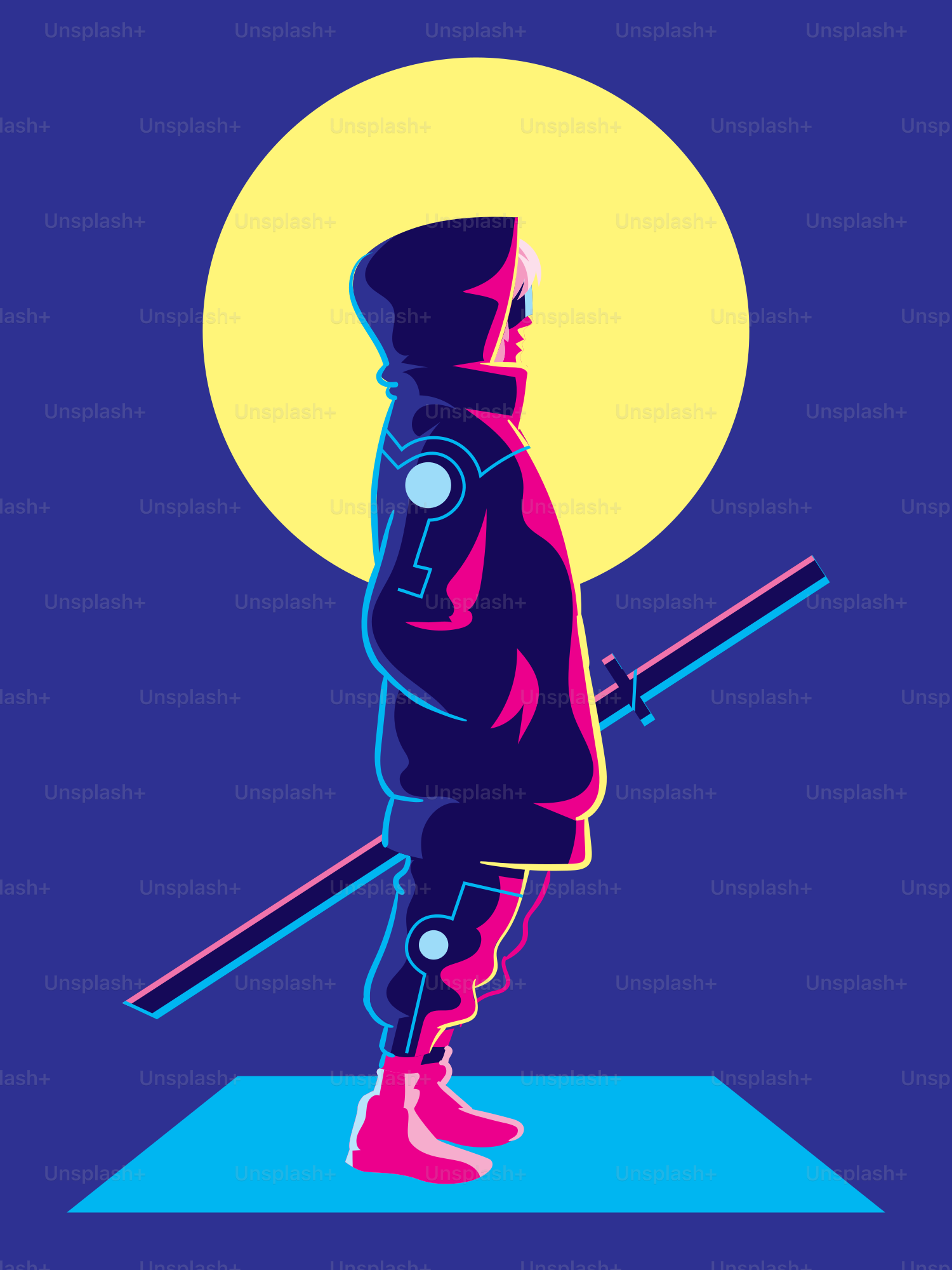 A man standing on top of a blue surface