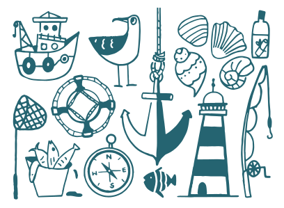 A blue and white drawing of various items on a white background