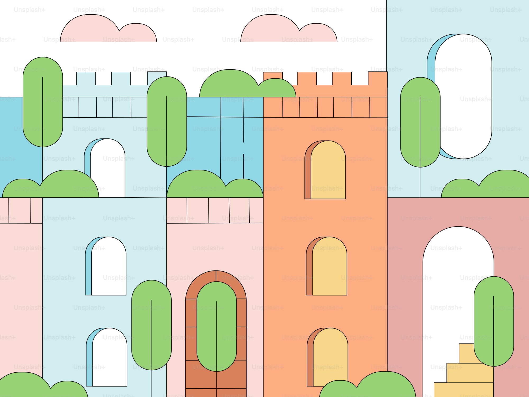 A drawing of a castle with trees and bushes
