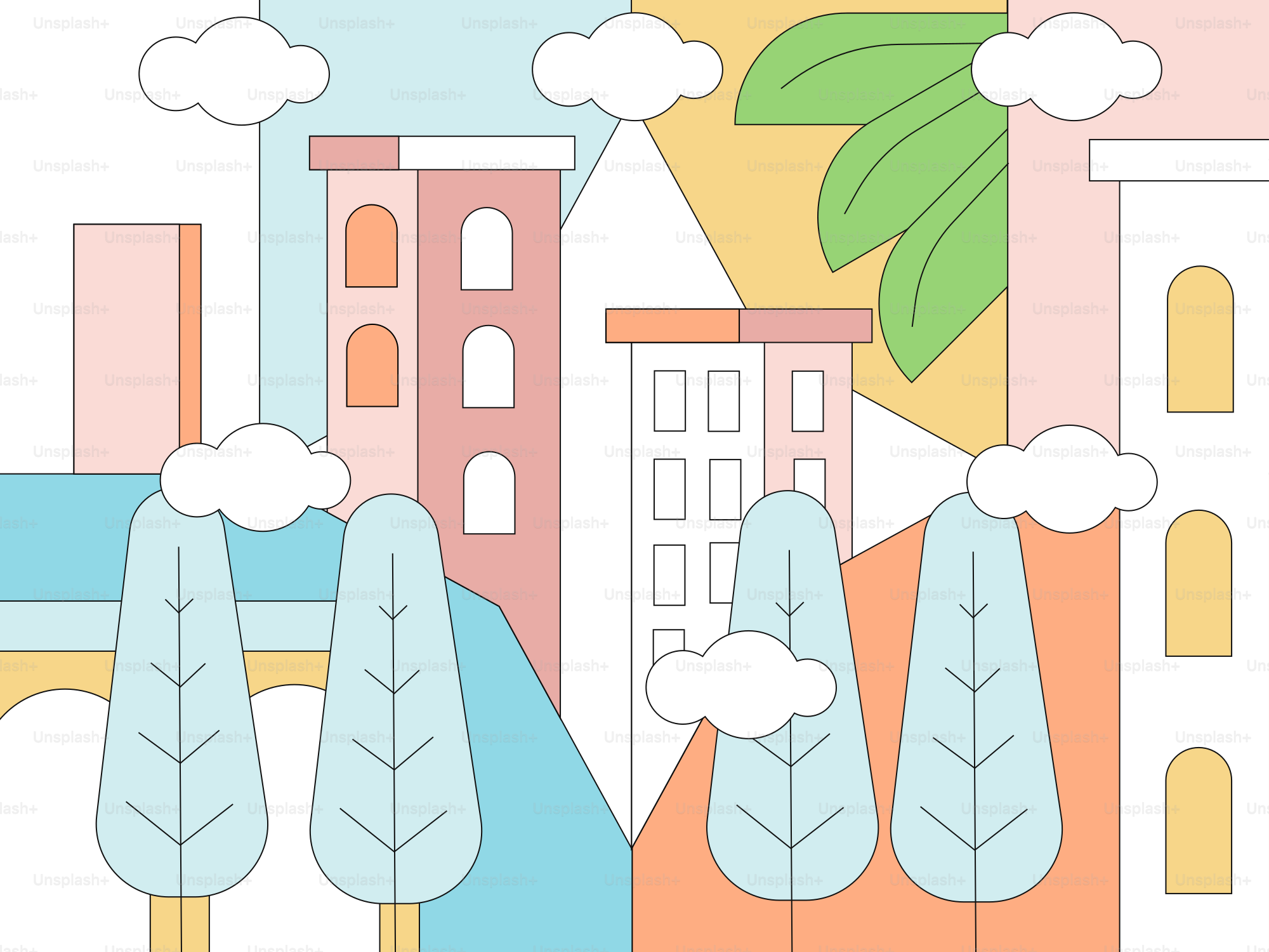 A drawing of a city with trees and buildings