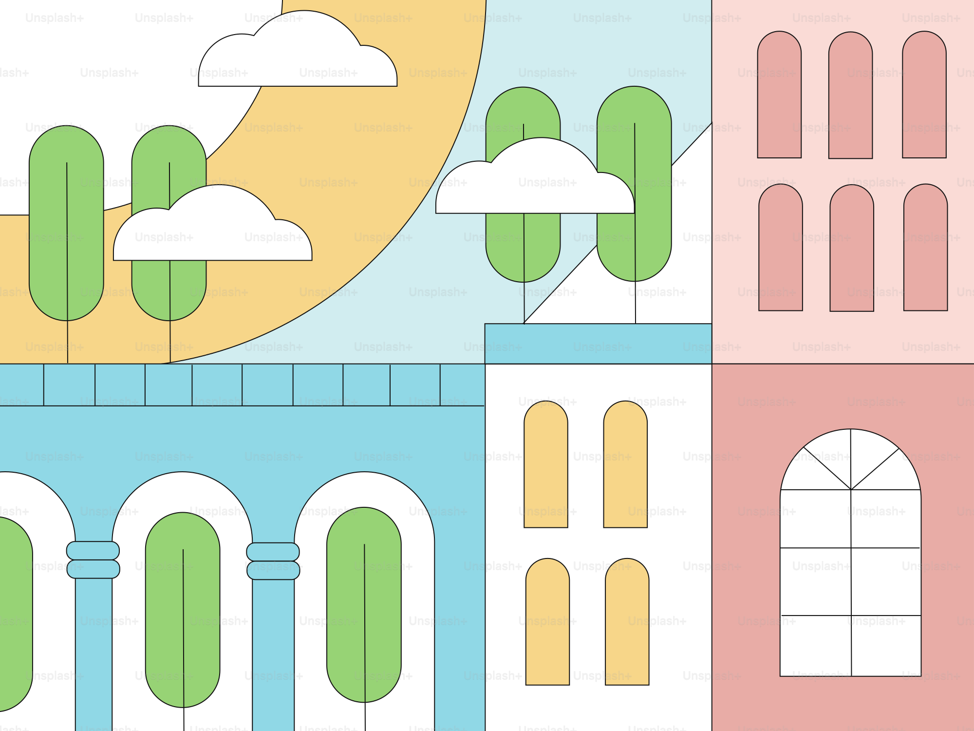 A drawing of a building with trees and clouds