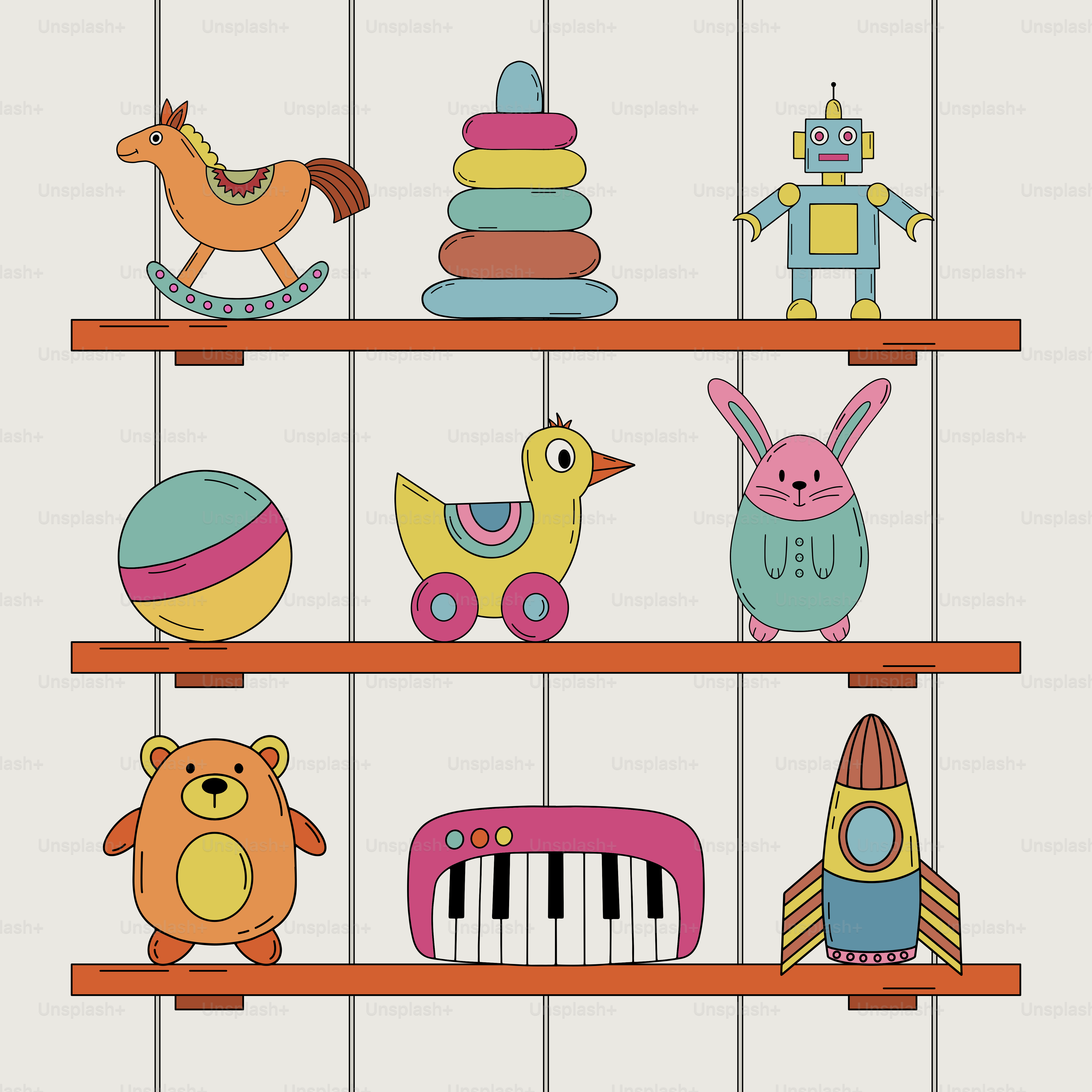 A bunch of toys that are on a shelf