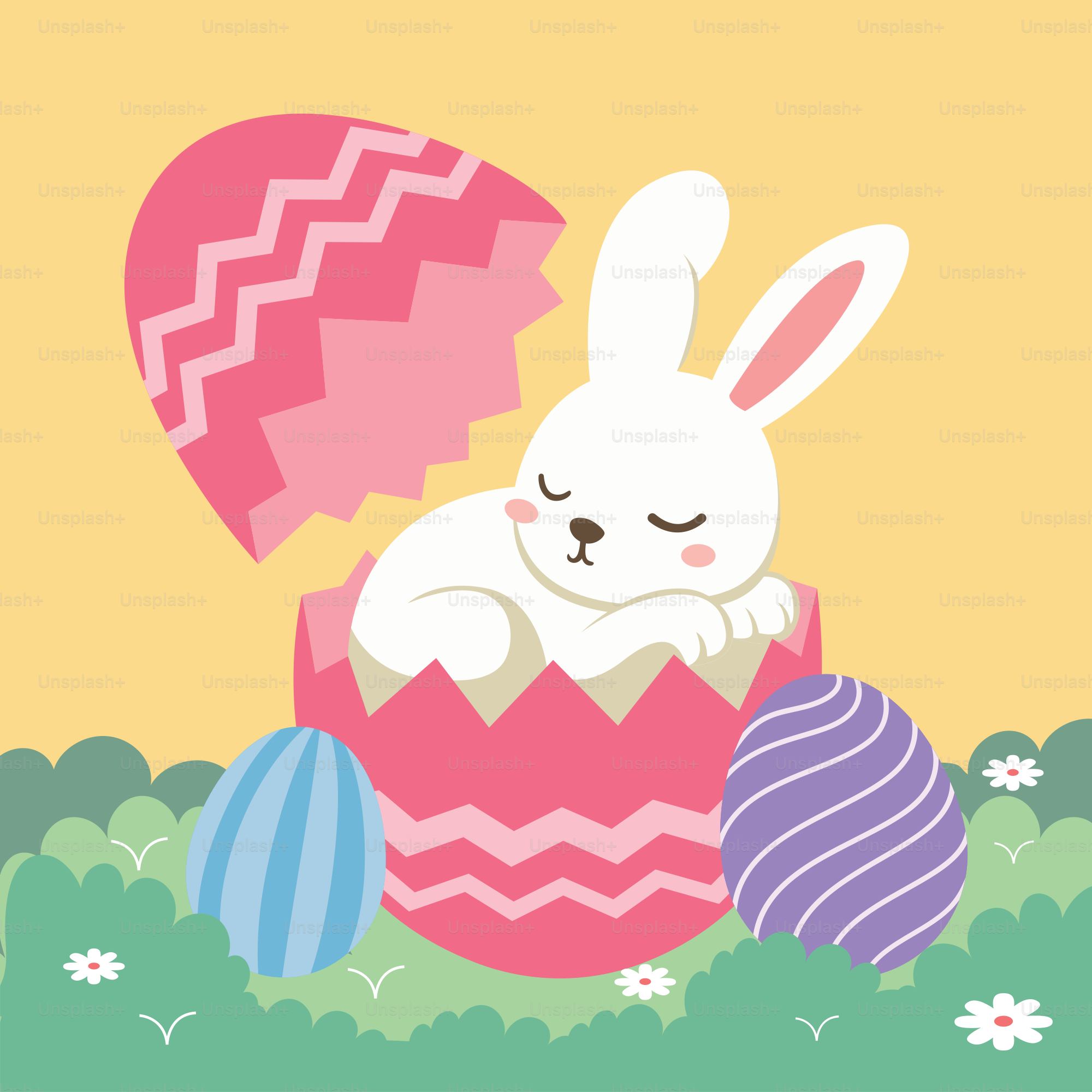 A bunny is sitting in an egg with an egg in the grass