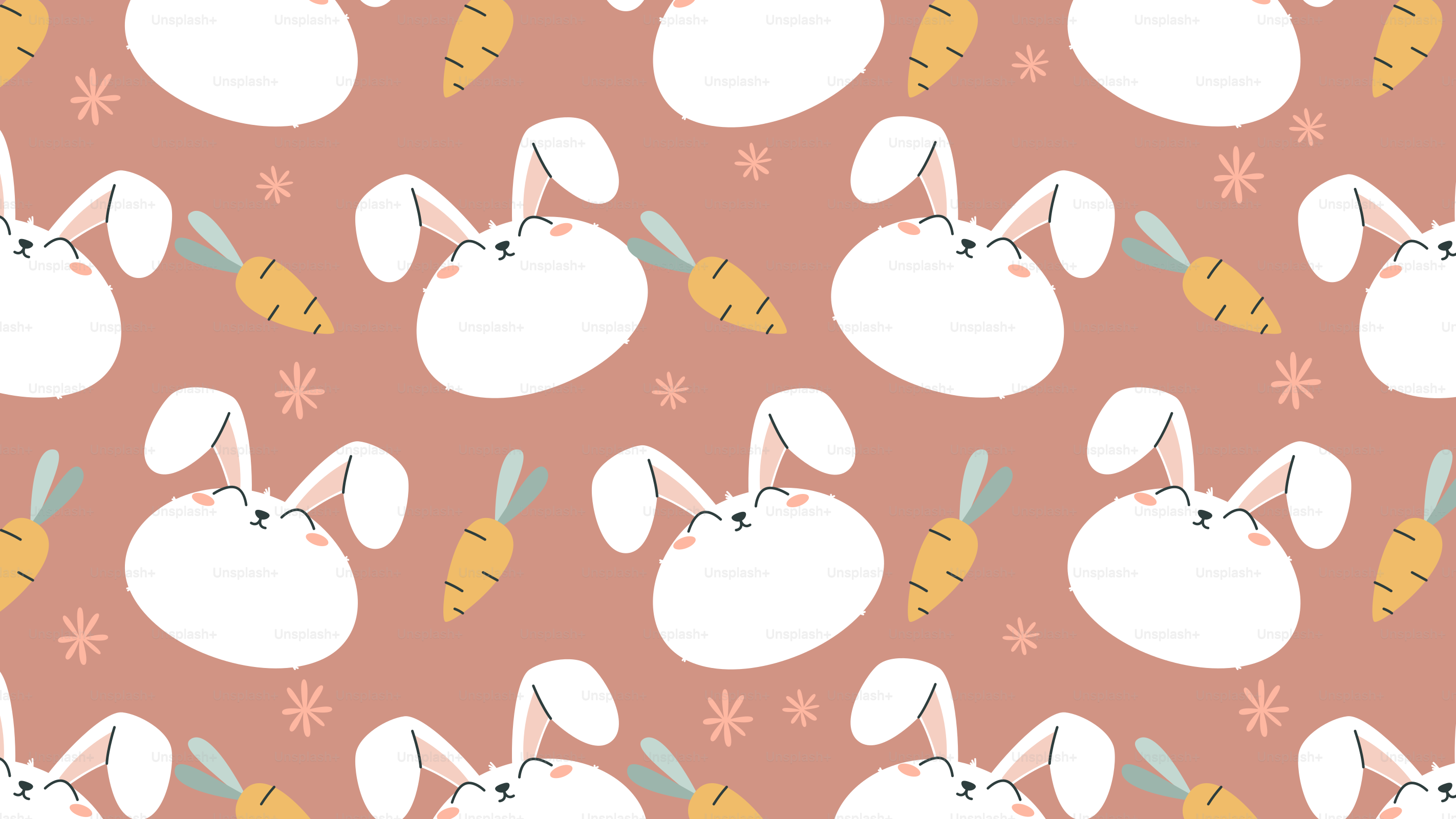 A pattern of rabbits with carrots on a pink background