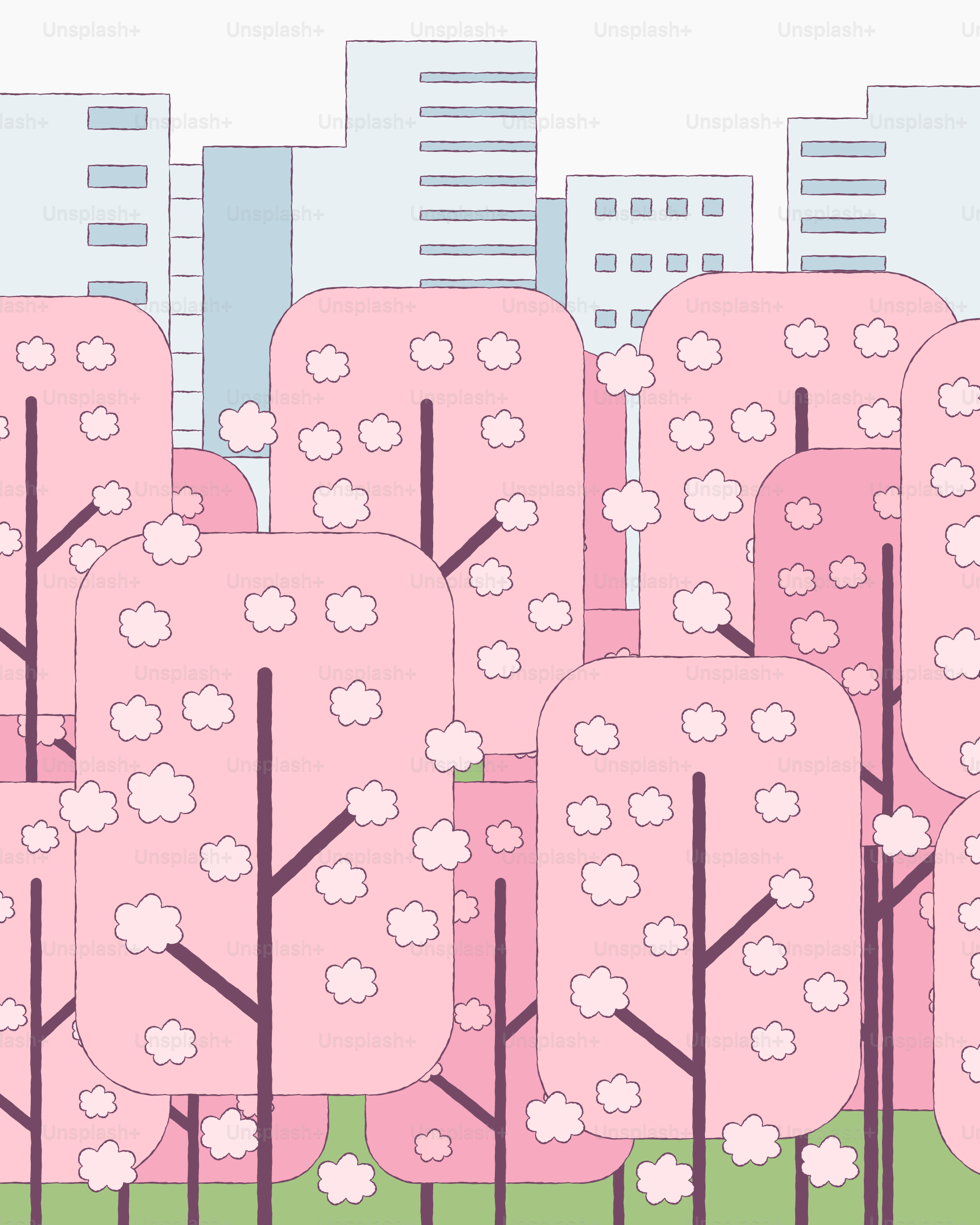 A large group of pink trees in front of a city