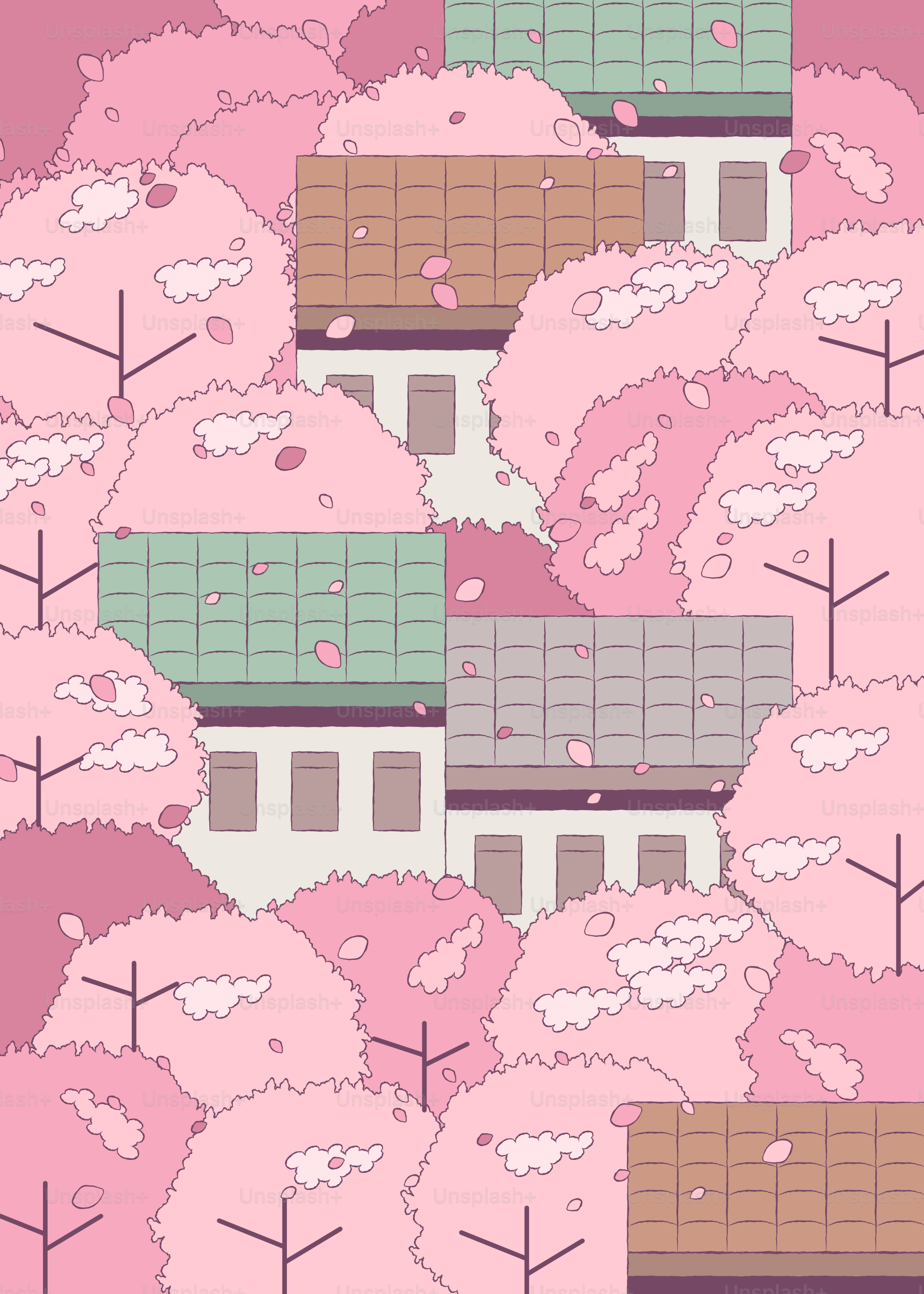 A picture of a building with a lot of pink trees
