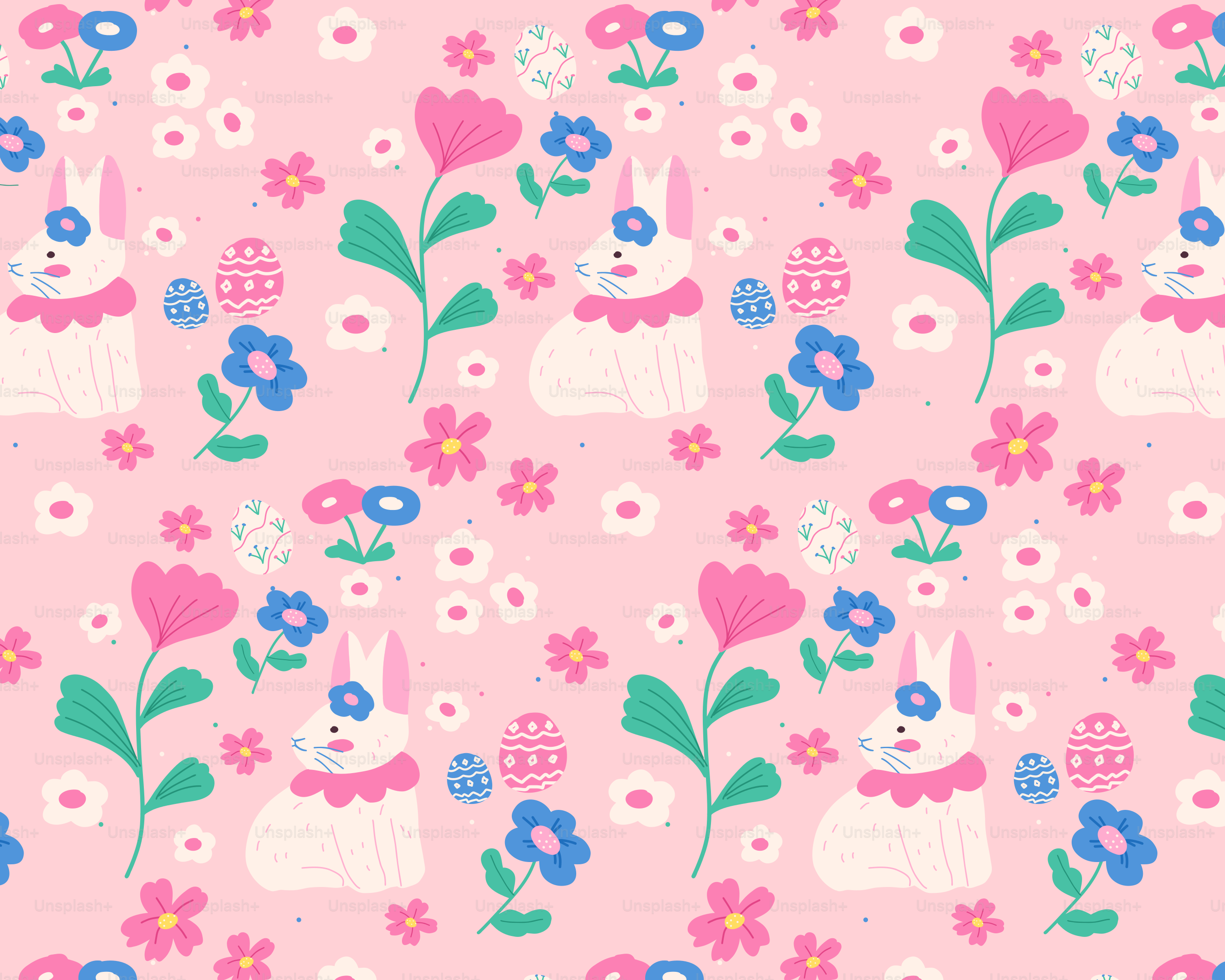 A pink background with flowers and rabbits on it