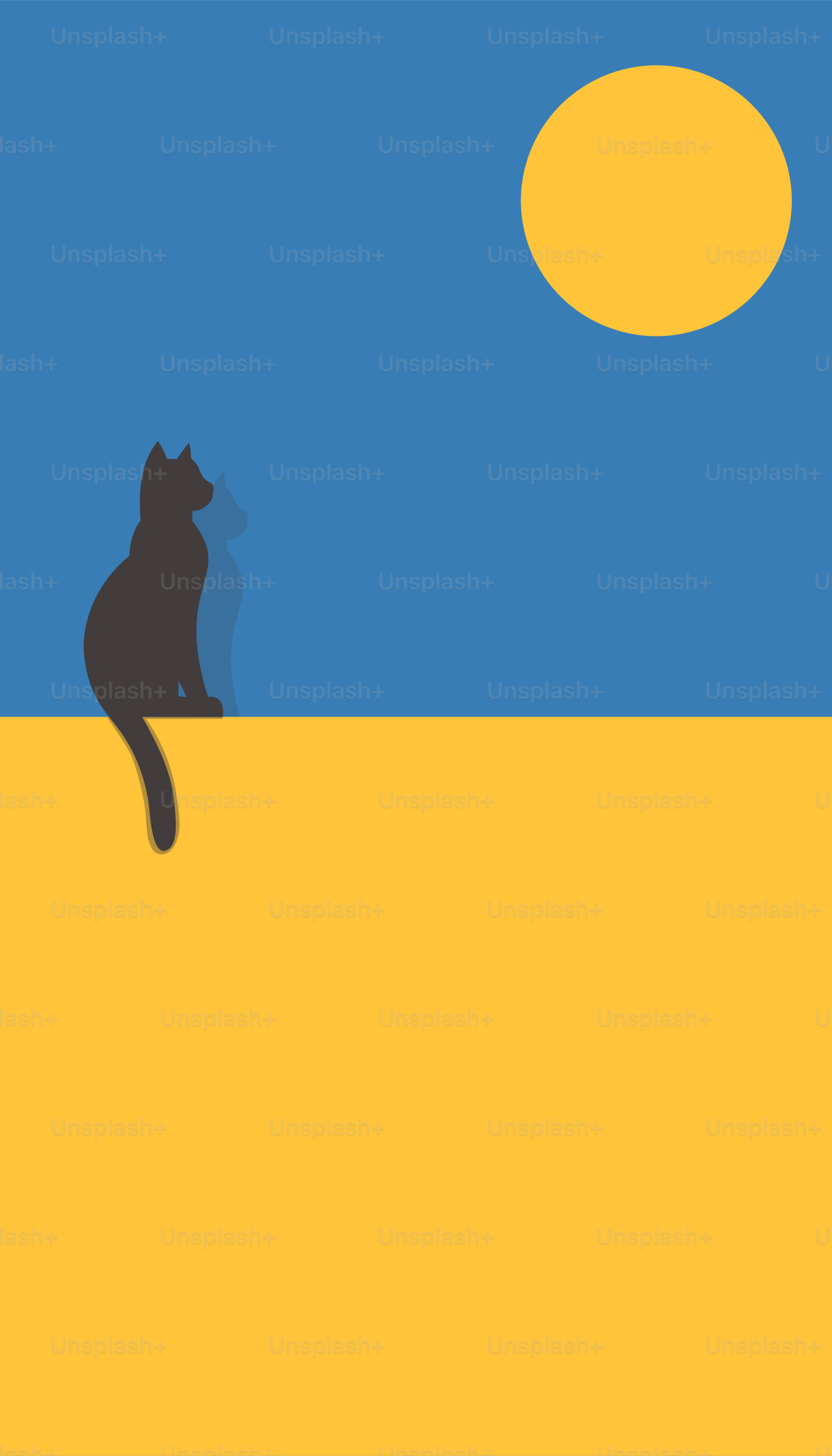 A black cat sitting on top of a yellow and blue wall