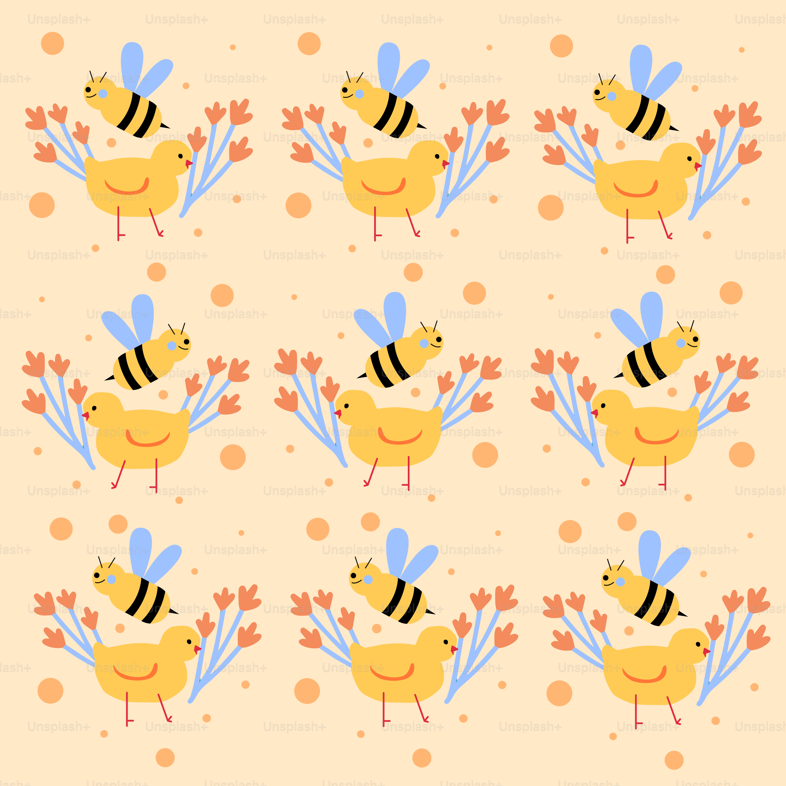 Un montón de abejas y un pájaro sobre fondo amarillo