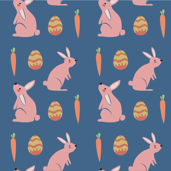 A pattern of pink rabbits and carrots on a blue background