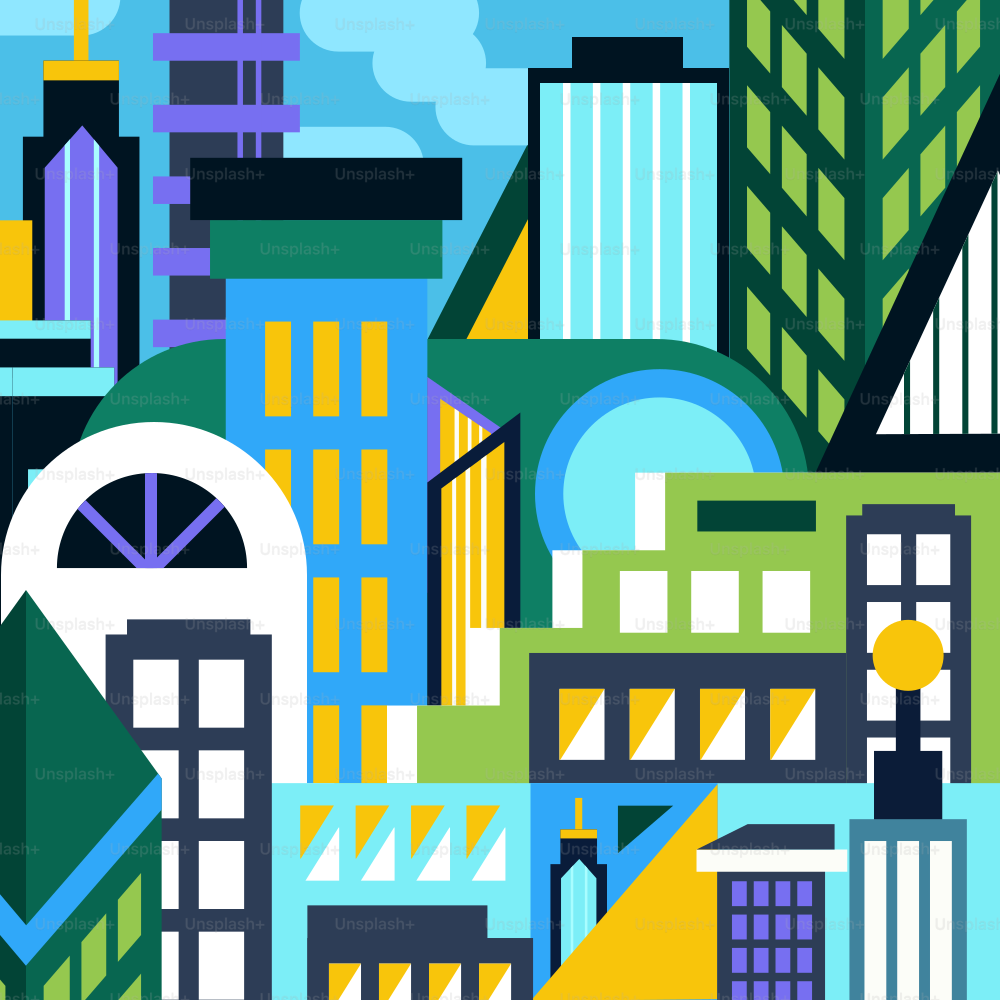 Una pintura de una ciudad con edificios altos